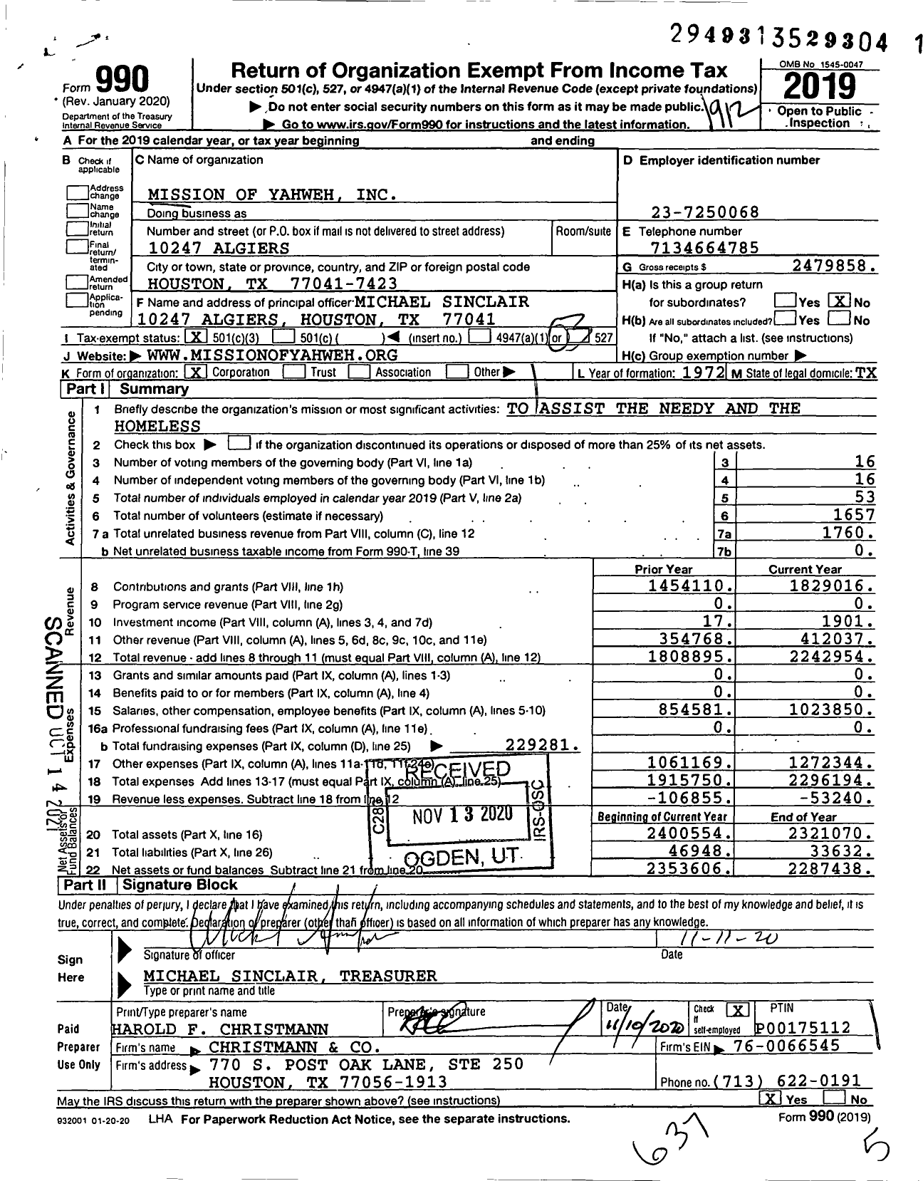 Image of first page of 2019 Form 990 for Mission of Yahweh