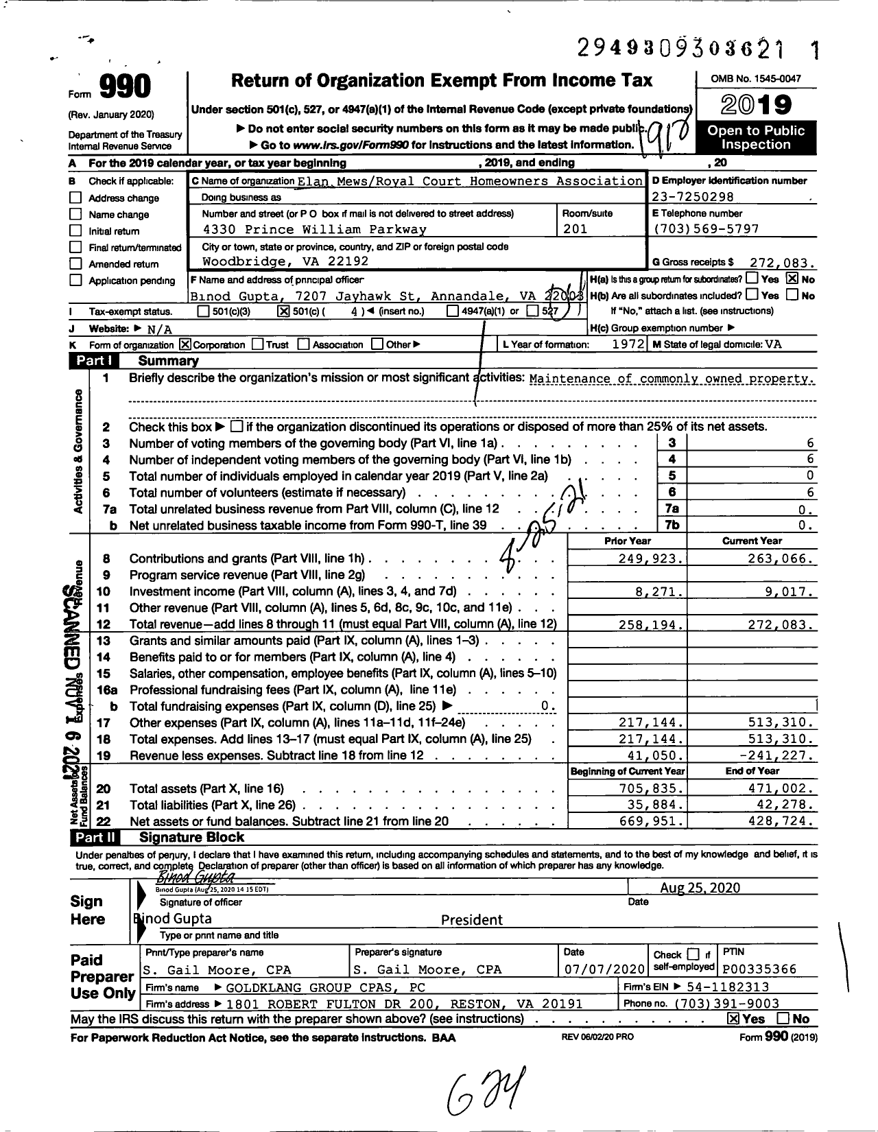 Image of first page of 2019 Form 990O for Elan MewsRoyal Court Homeowners Association