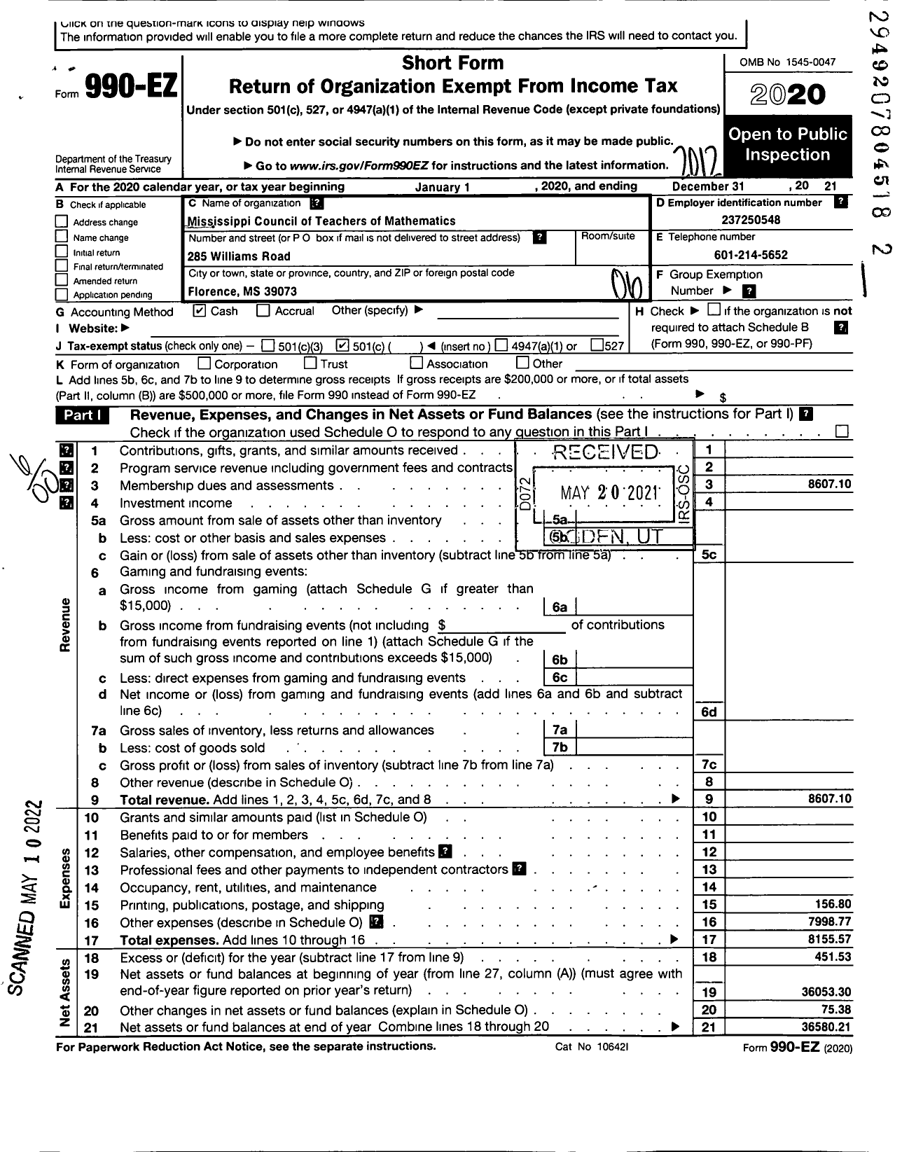 Image of first page of 2020 Form 990EO for Mississippi Council of Teachers of Mathematics