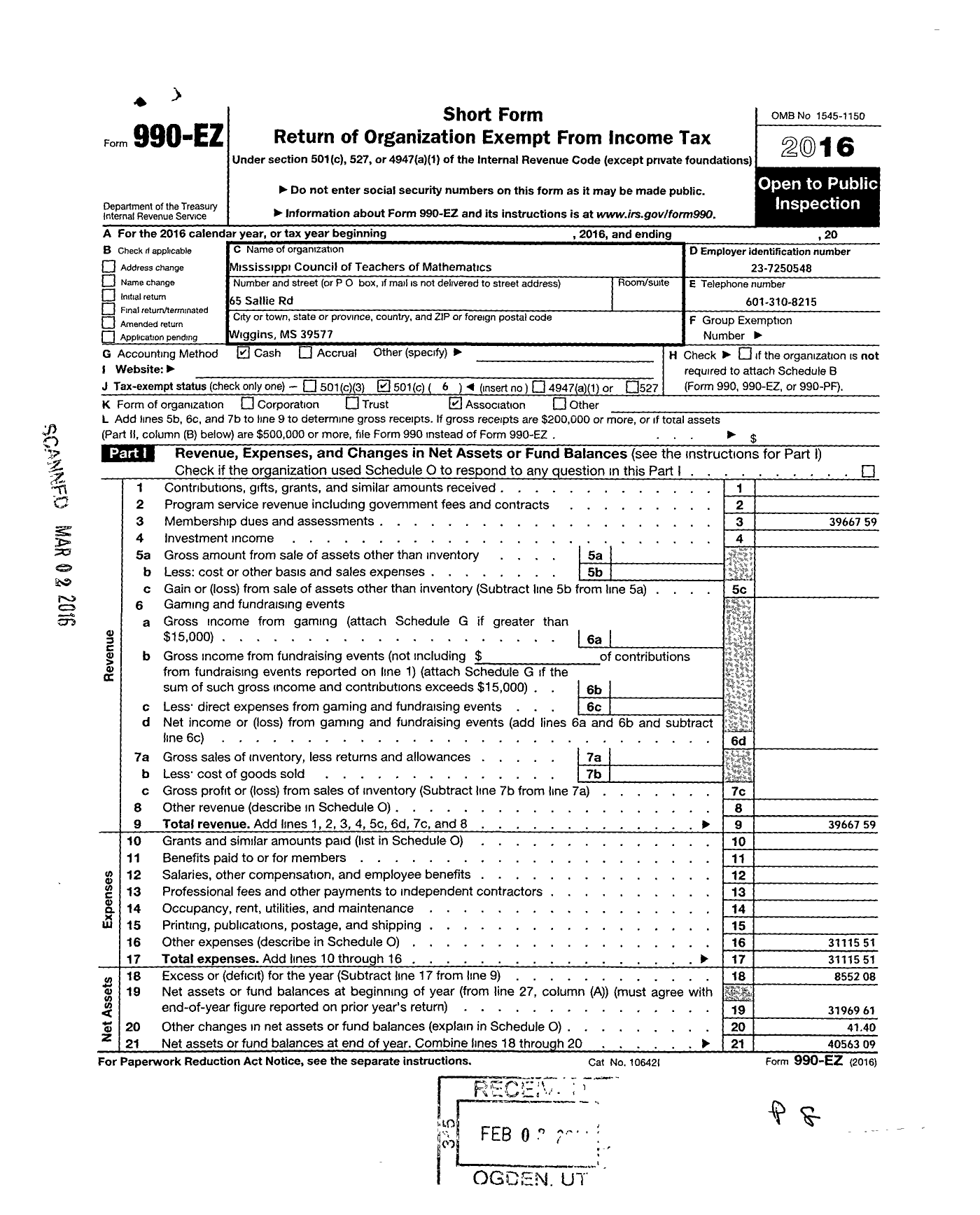 Image of first page of 2016 Form 990EO for Mississippi Council of Teachers of Mathematics