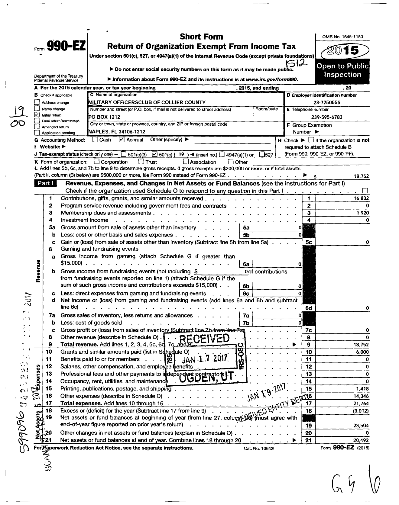 Image of first page of 2015 Form 990EO for Military Officer Association of Southwest Florida