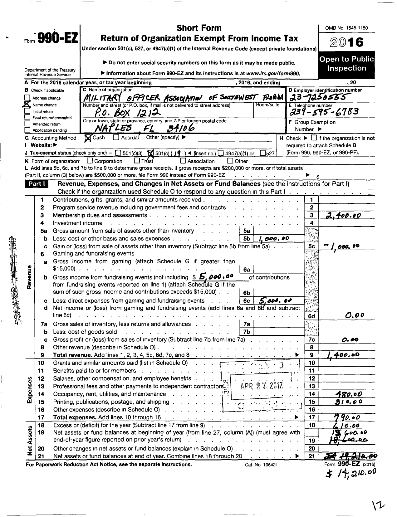 Image of first page of 2016 Form 990EO for Military Officer Association of Southwest Florida