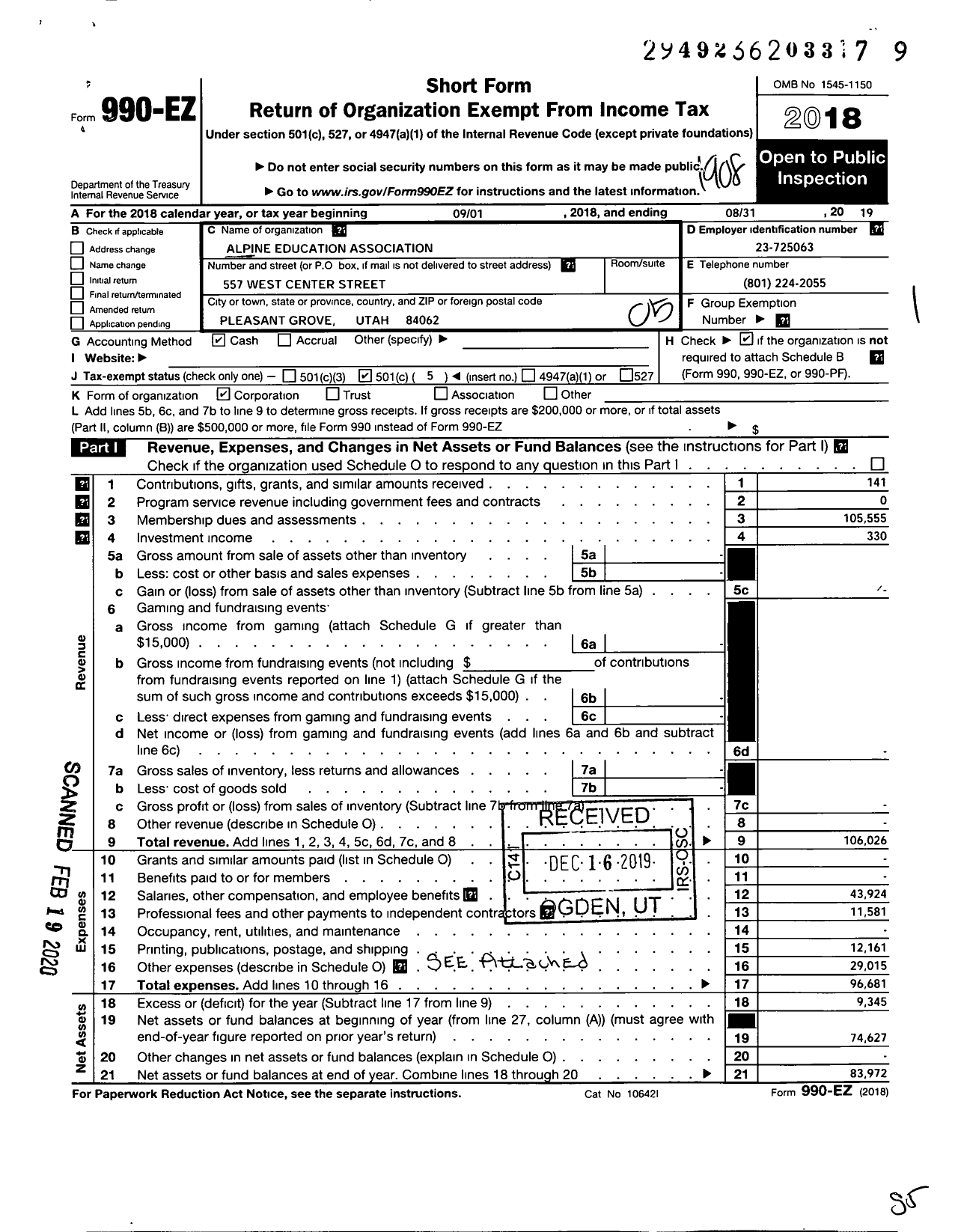 Image of first page of 2018 Form 990EO for Alpine Education Association