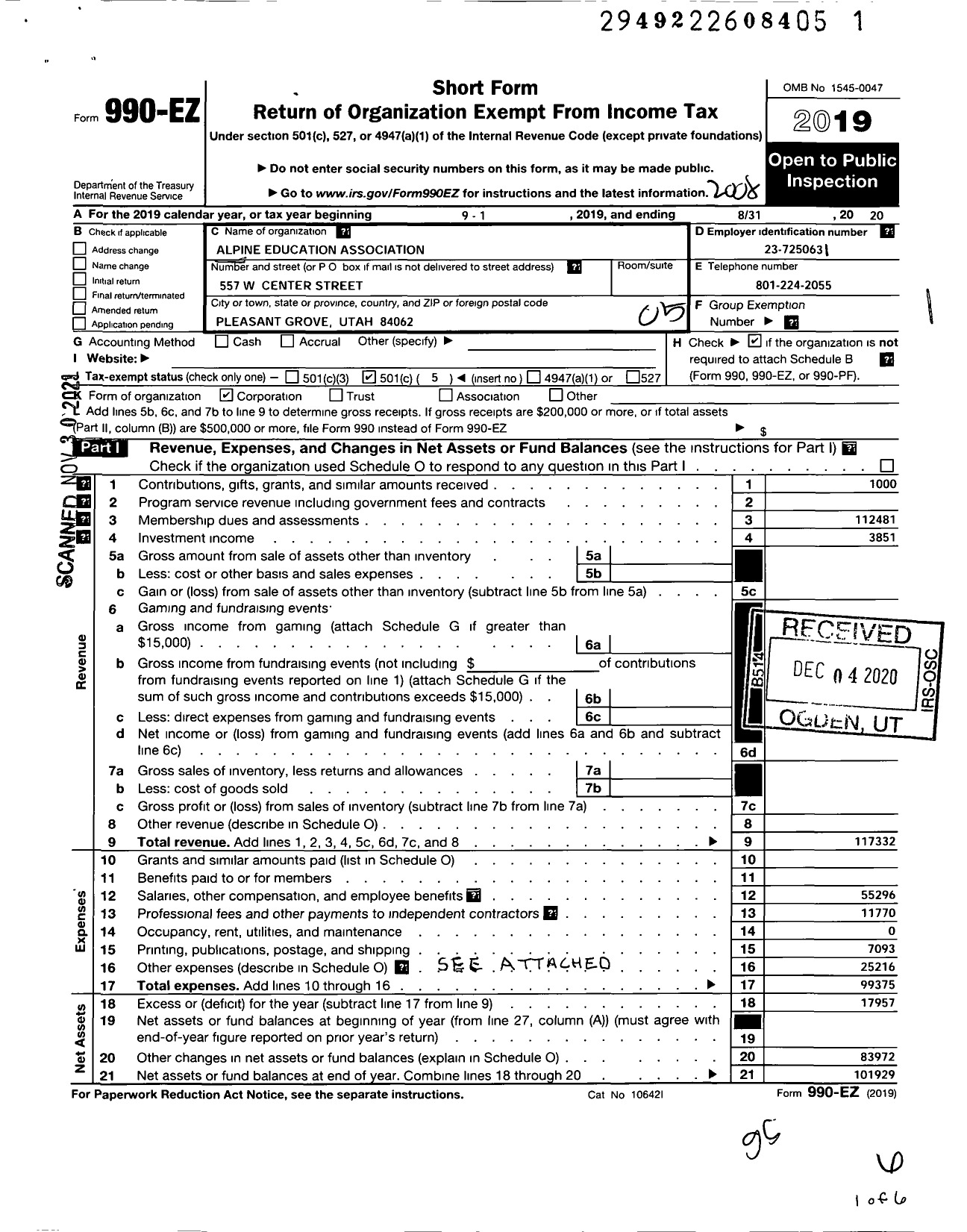 Image of first page of 2019 Form 990EO for Alpine Education Association