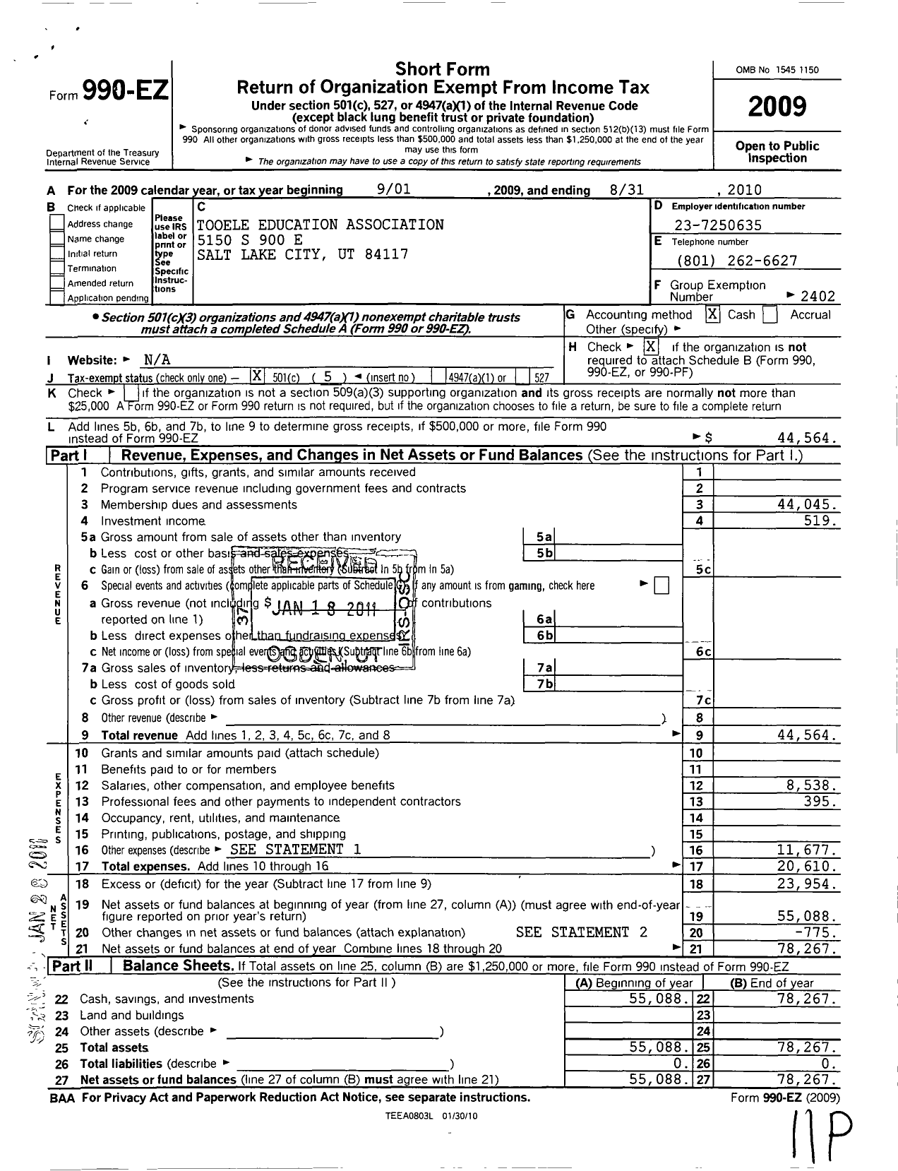 Image of first page of 2009 Form 990EO for Utah Education Association Tooele Education Association