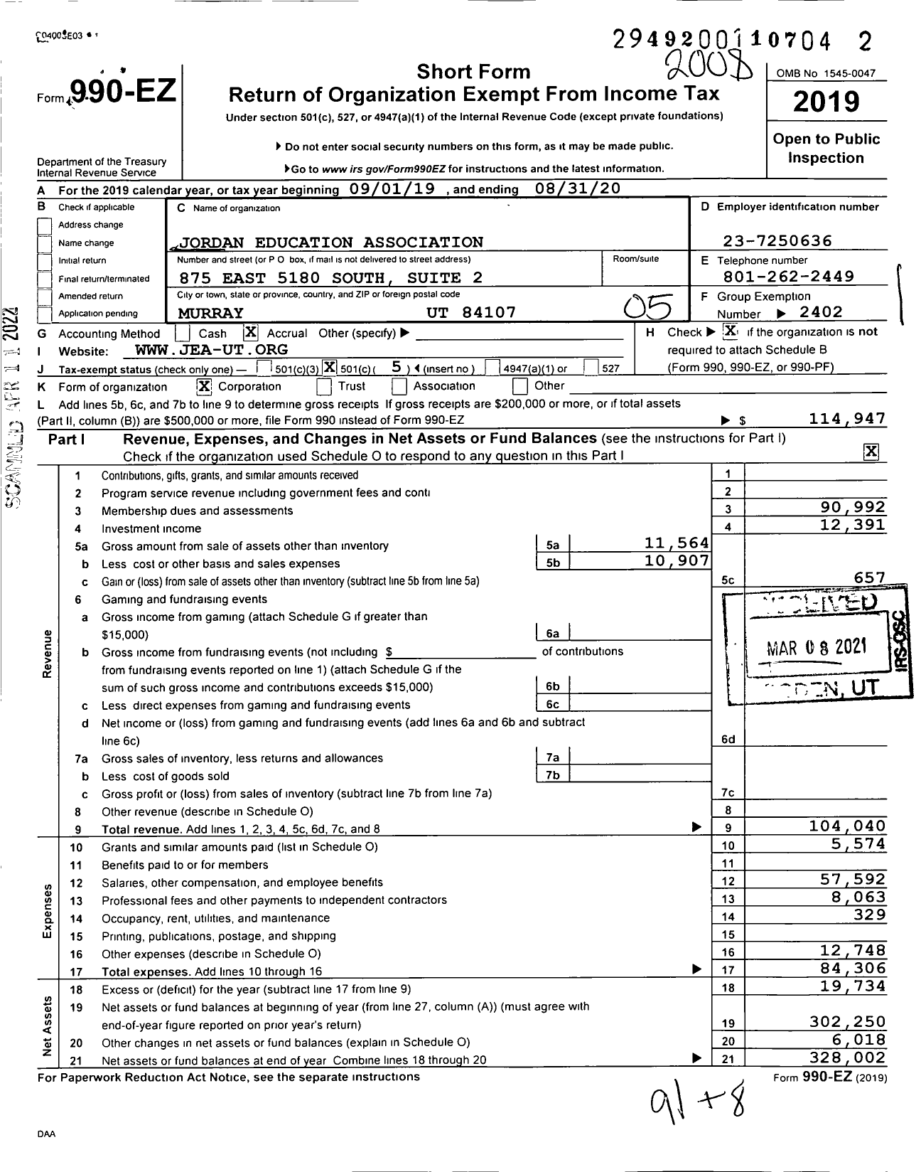 Image of first page of 2019 Form 990EO for Jordan Education Association