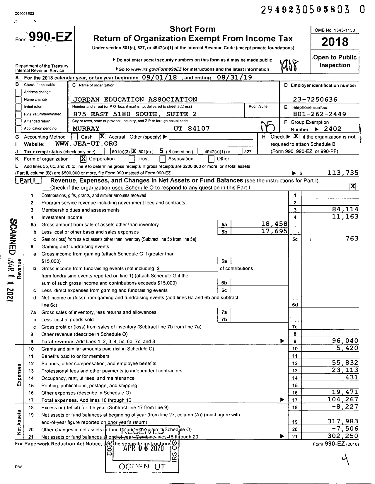 Image of first page of 2018 Form 990EO for Jordan Education Association