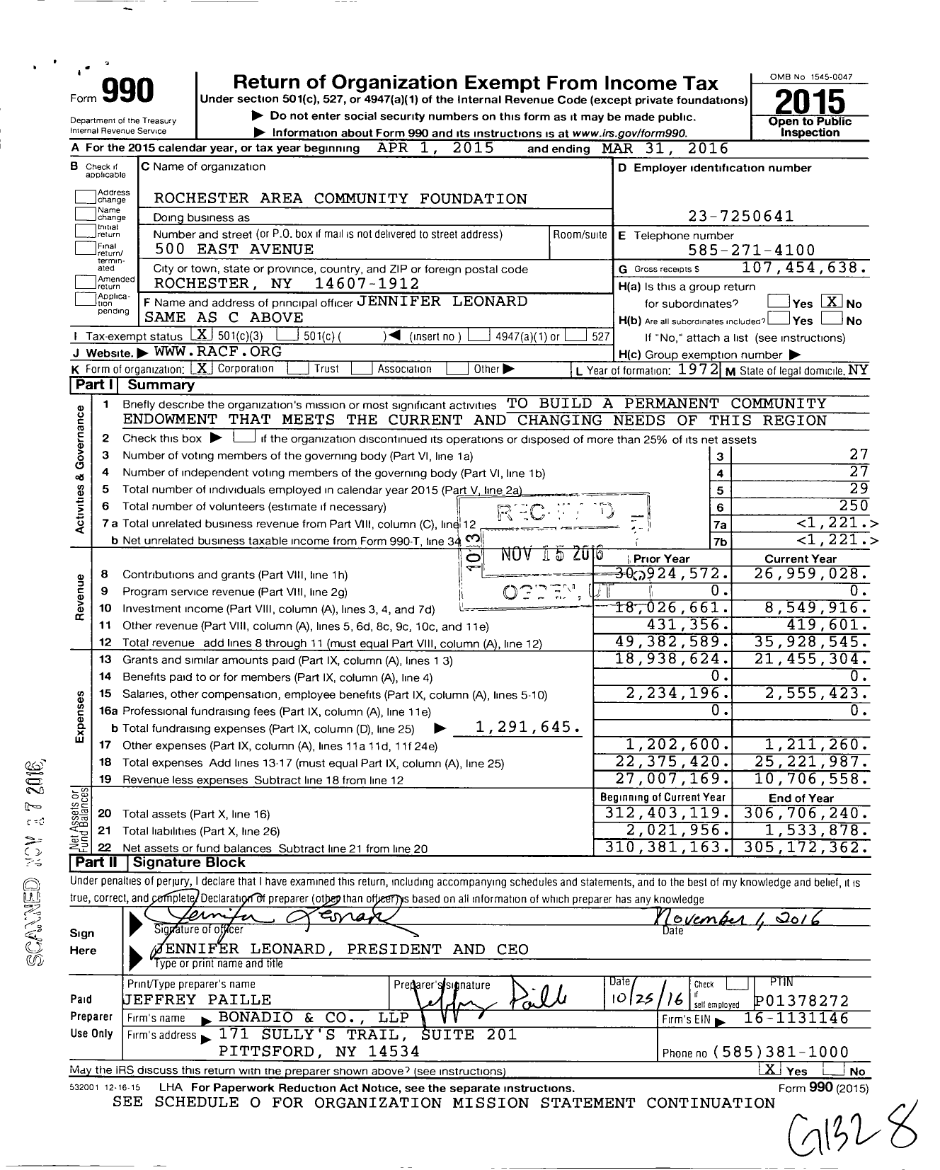 Image of first page of 2015 Form 990 for Rochester Area Community Foundation (RACF)