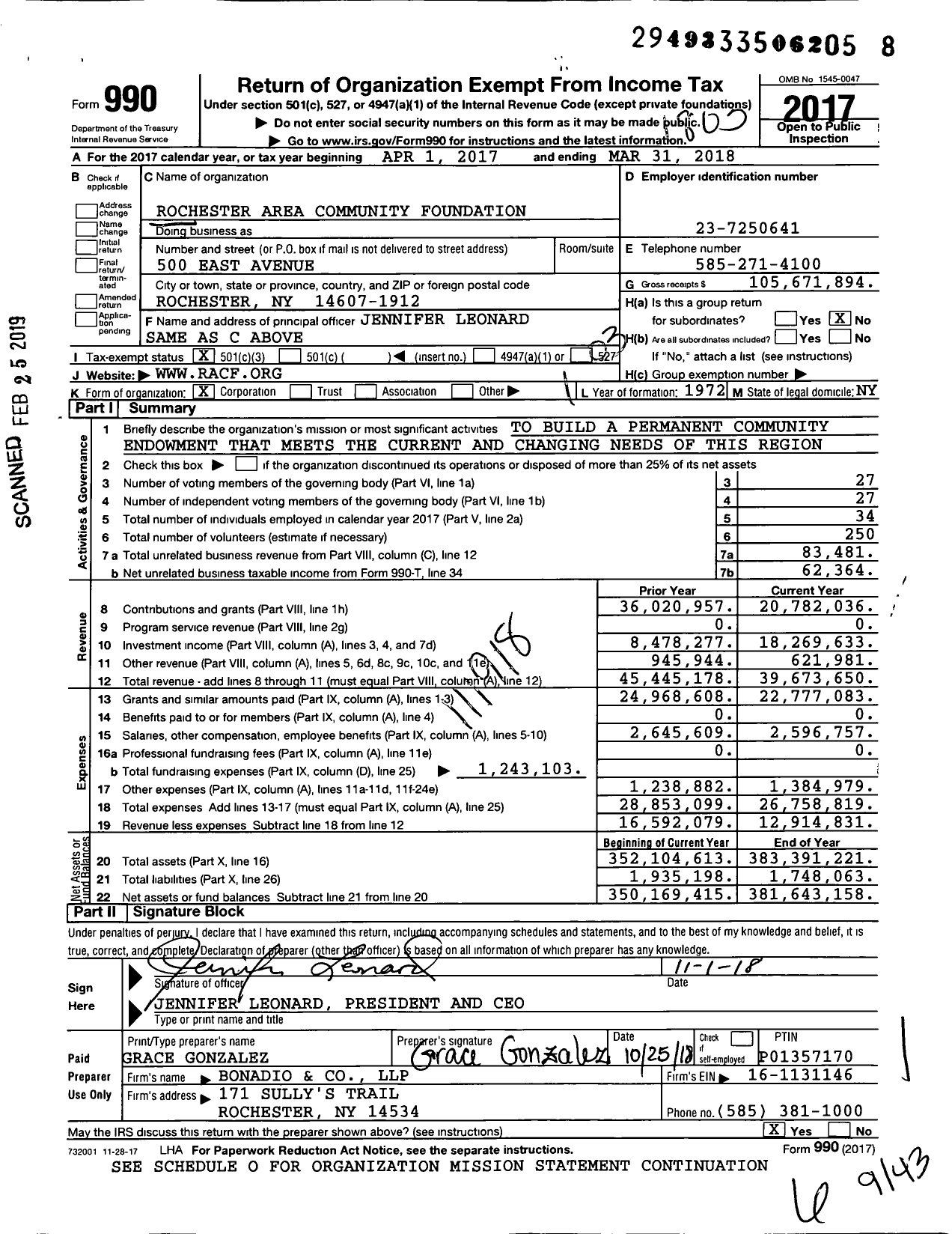 Image of first page of 2017 Form 990 for Rochester Area Community Foundation (RACF)