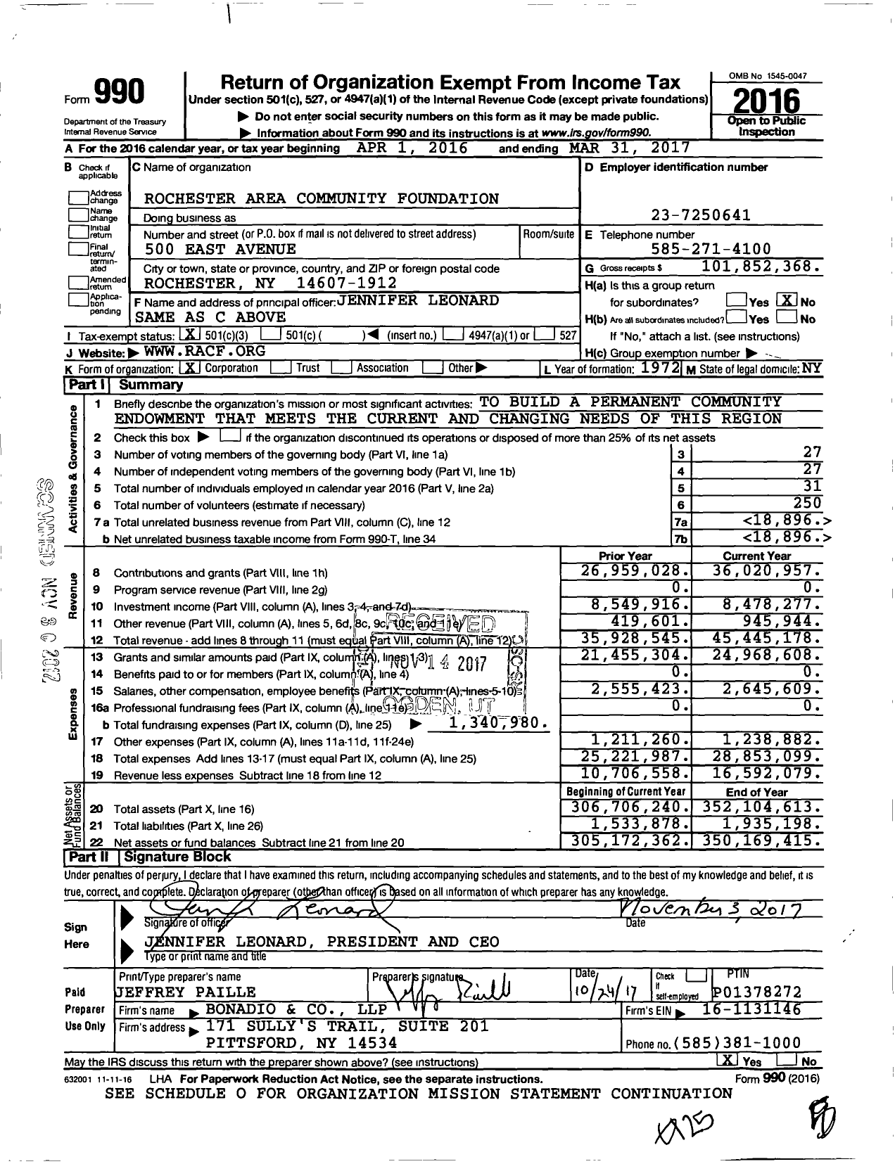 Image of first page of 2016 Form 990 for Rochester Area Community Foundation (RACF)
