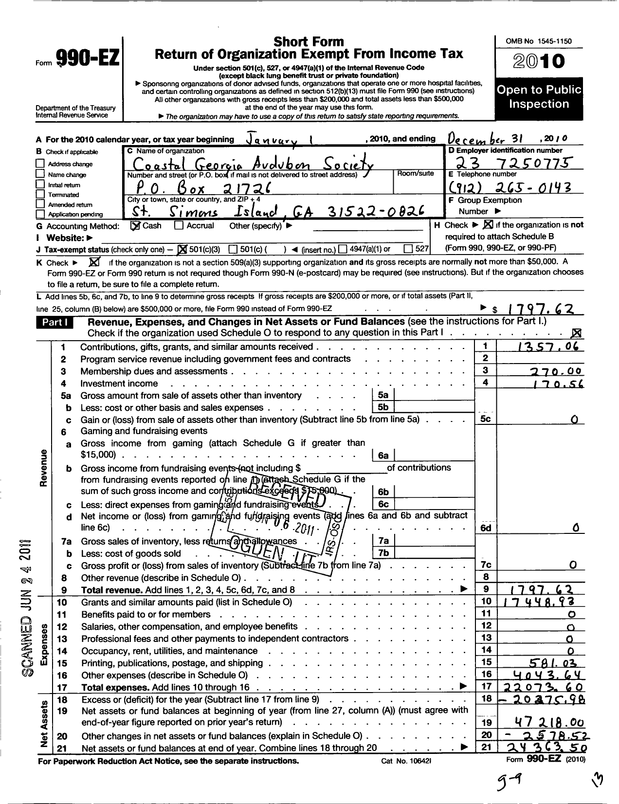 Image of first page of 2010 Form 990EZ for Coastal Georgia Audubon Society