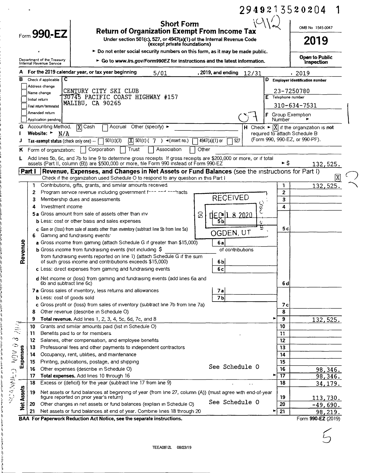 Image of first page of 2019 Form 990EO for Century City Ski Club