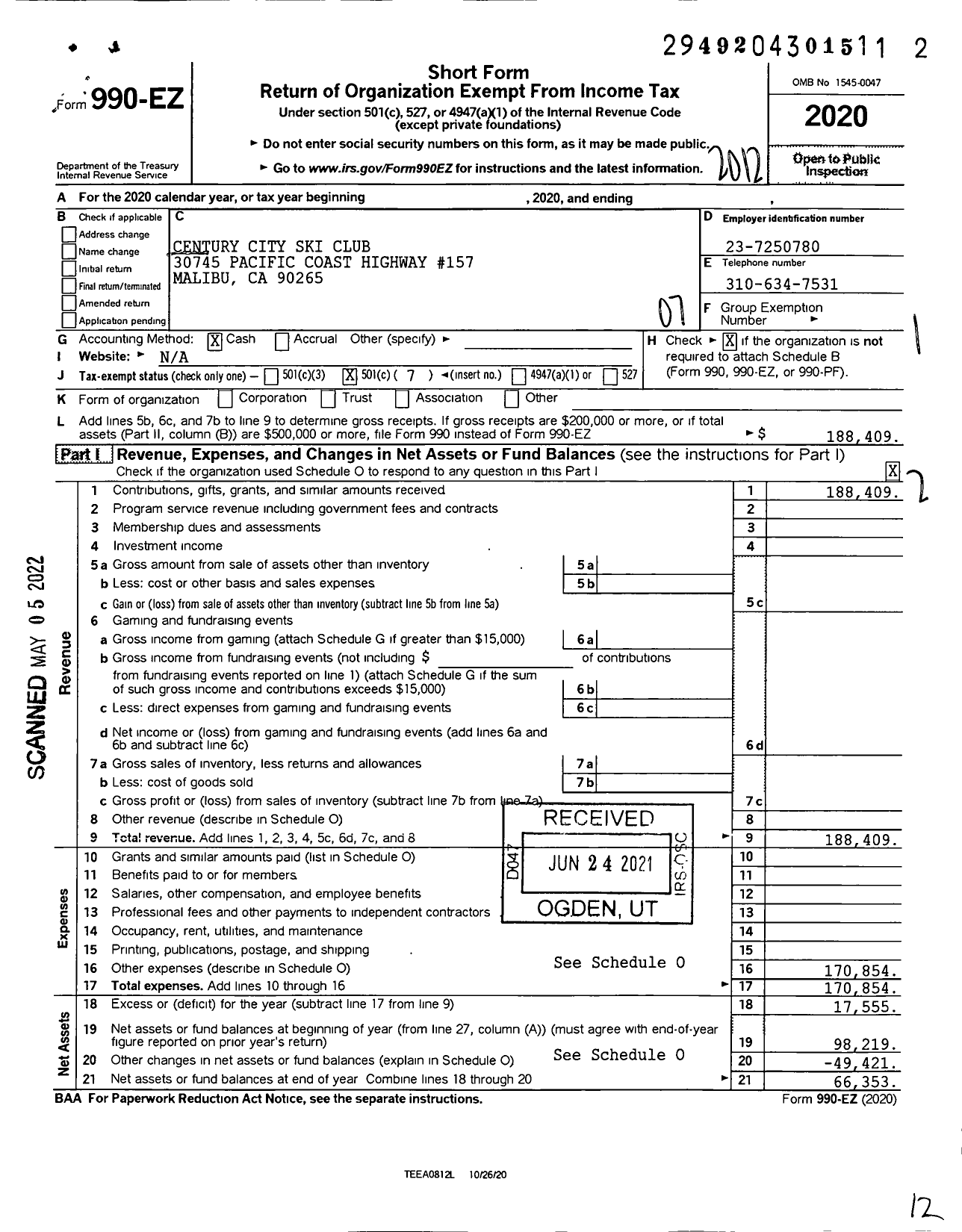 Image of first page of 2020 Form 990EO for Century City Ski Club