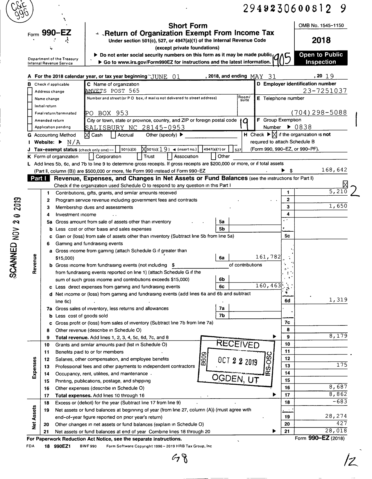 Image of first page of 2018 Form 990EO for Amvets - 0565 NC