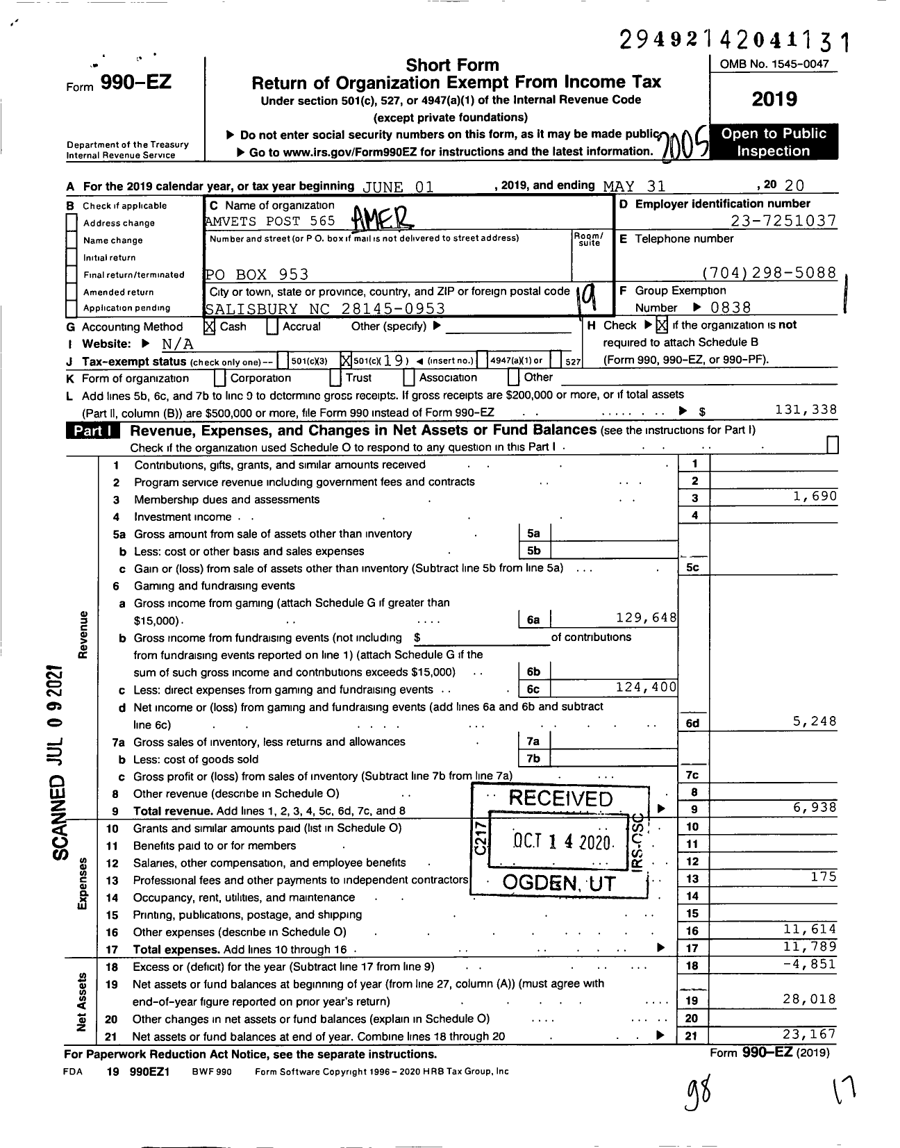 Image of first page of 2019 Form 990EO for Amvets - 0565 NC