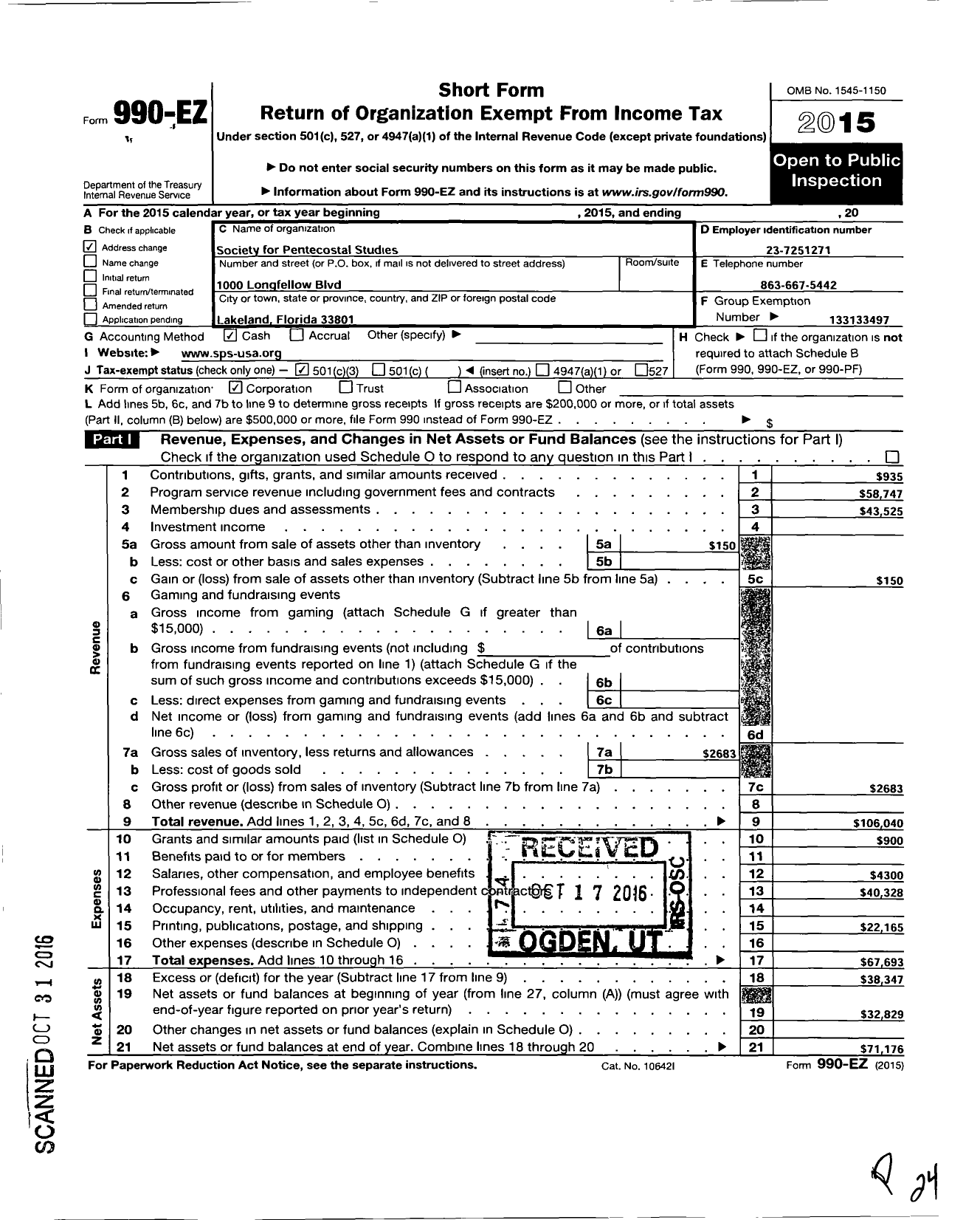 Image of first page of 2015 Form 990EZ for Society for Pentecostal Studies