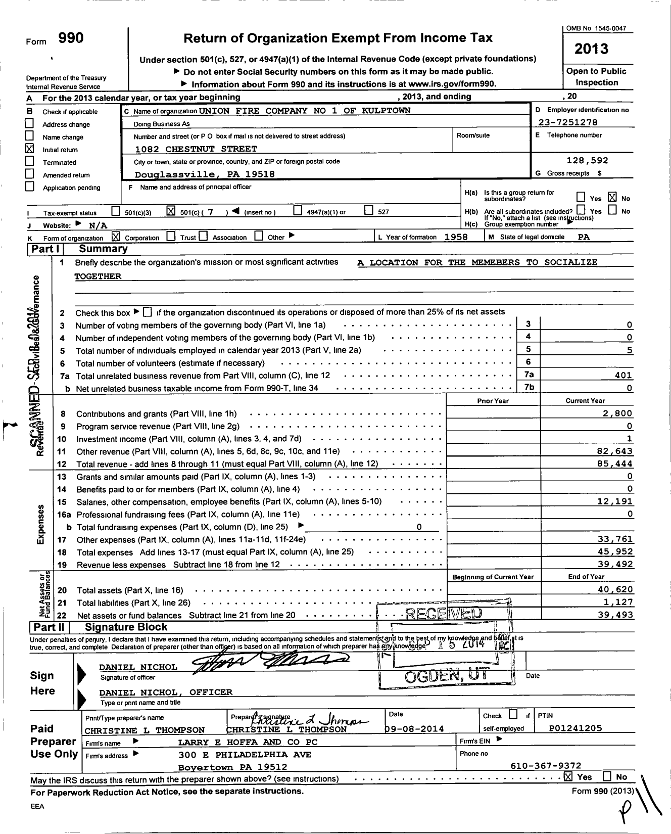 Image of first page of 2013 Form 990O for Union Fire Company No 1 of Kulptown