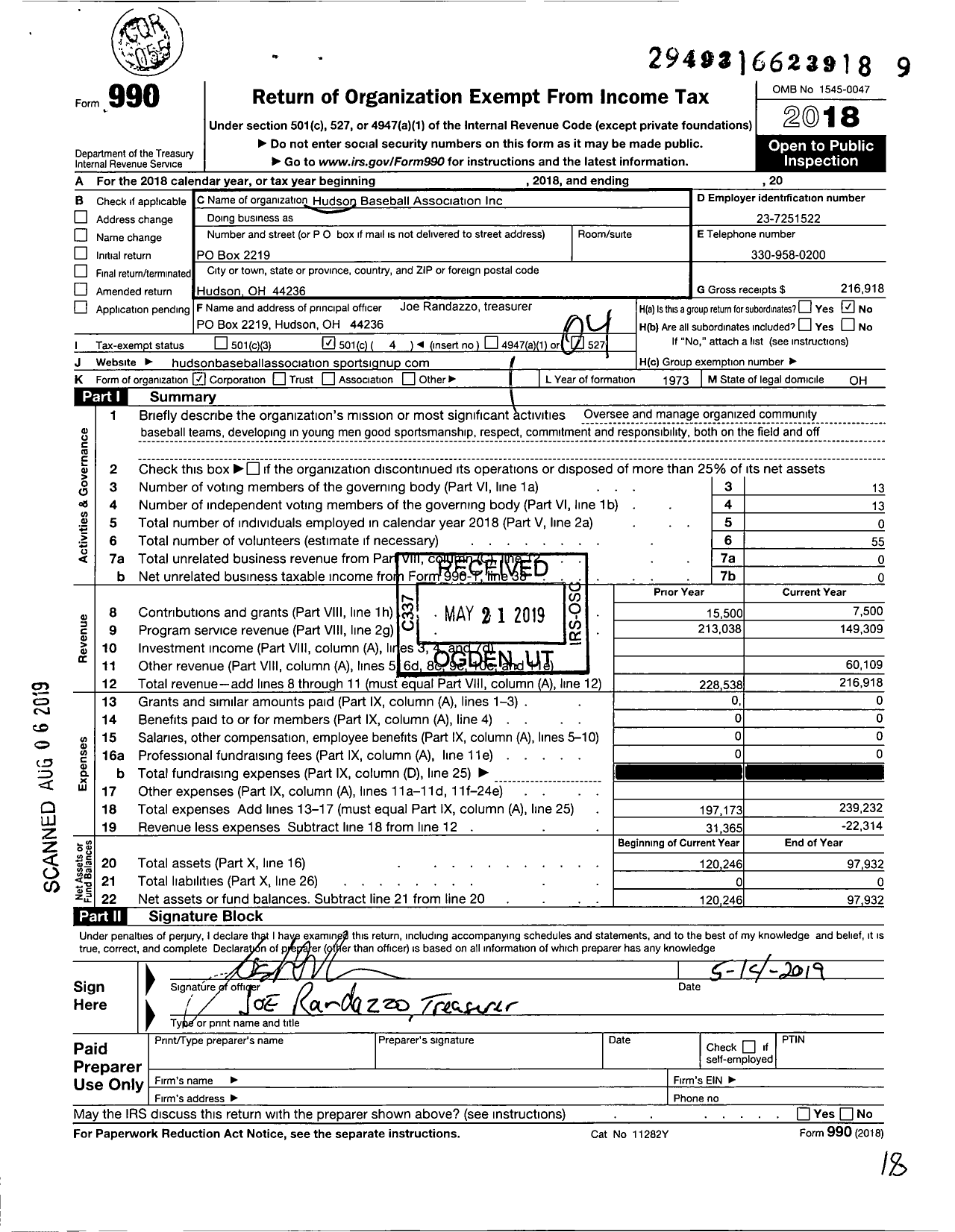 Image of first page of 2018 Form 990O for Hudson Baseball Association