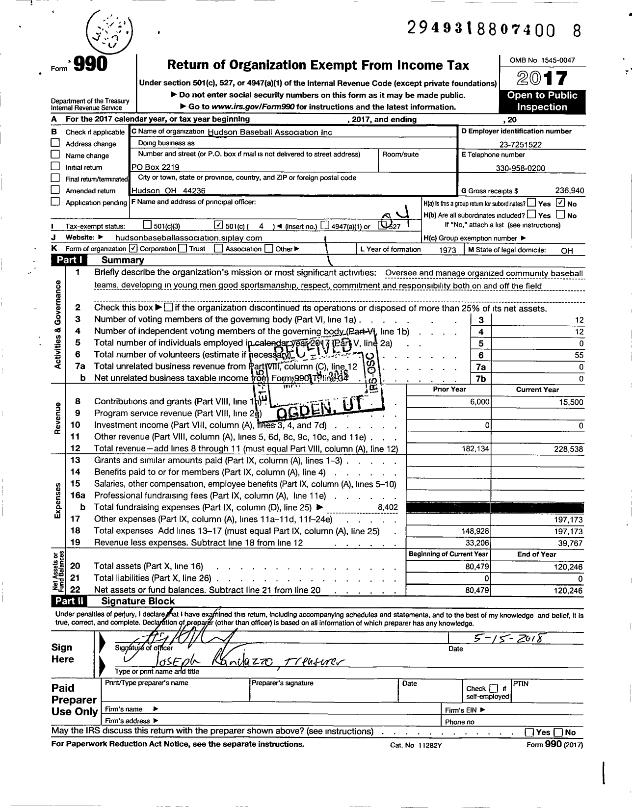 Image of first page of 2017 Form 990O for Hudson Baseball Association