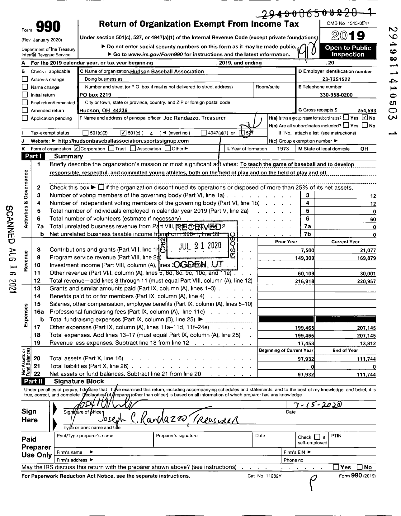 Image of first page of 2019 Form 990O for Hudson Baseball Association