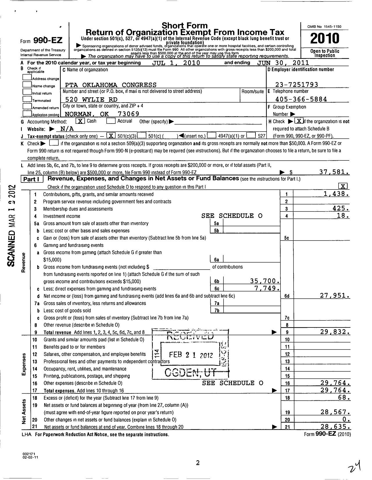 Image of first page of 2010 Form 990EZ for PTA Oklahoma Congress / Jackson Elementary