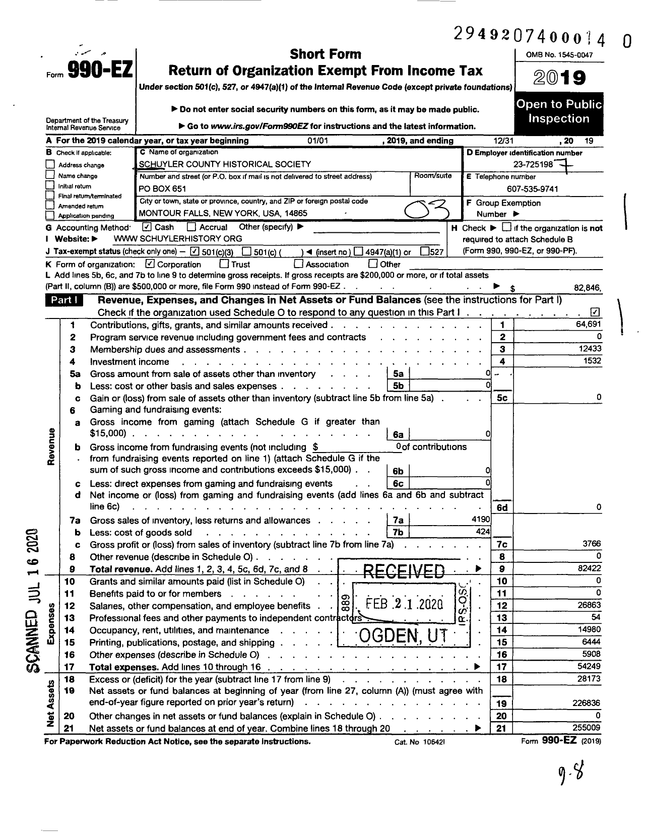 Image of first page of 2019 Form 990EZ for Schuyler County Historical Society