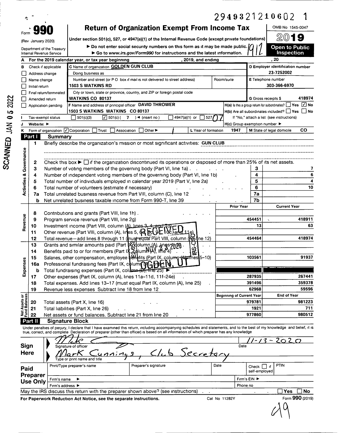 Image of first page of 2019 Form 990O for Golden Gun CLub