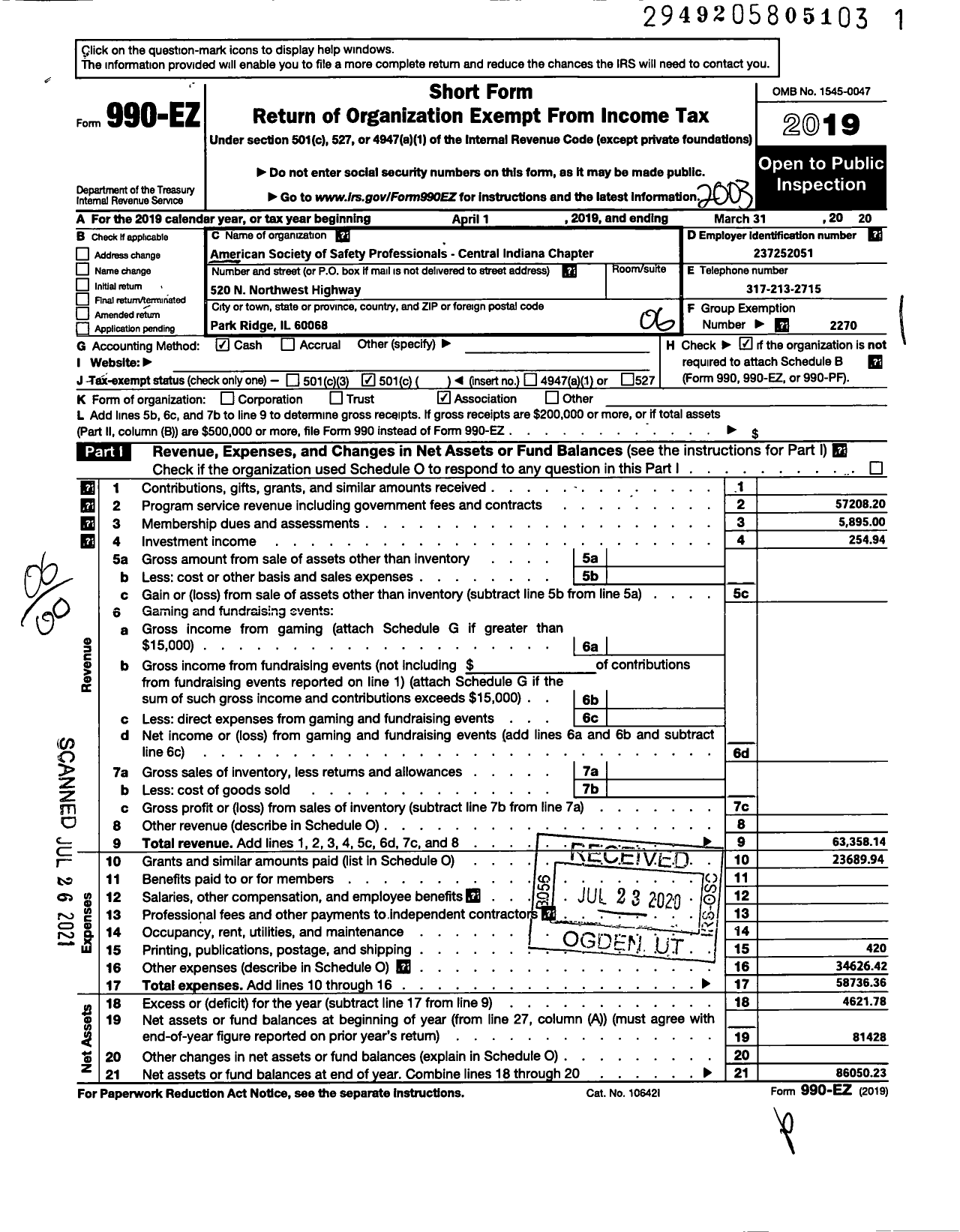 Image of first page of 2019 Form 990EO for American Society of Safety Professionals / Central Indiana Chapter