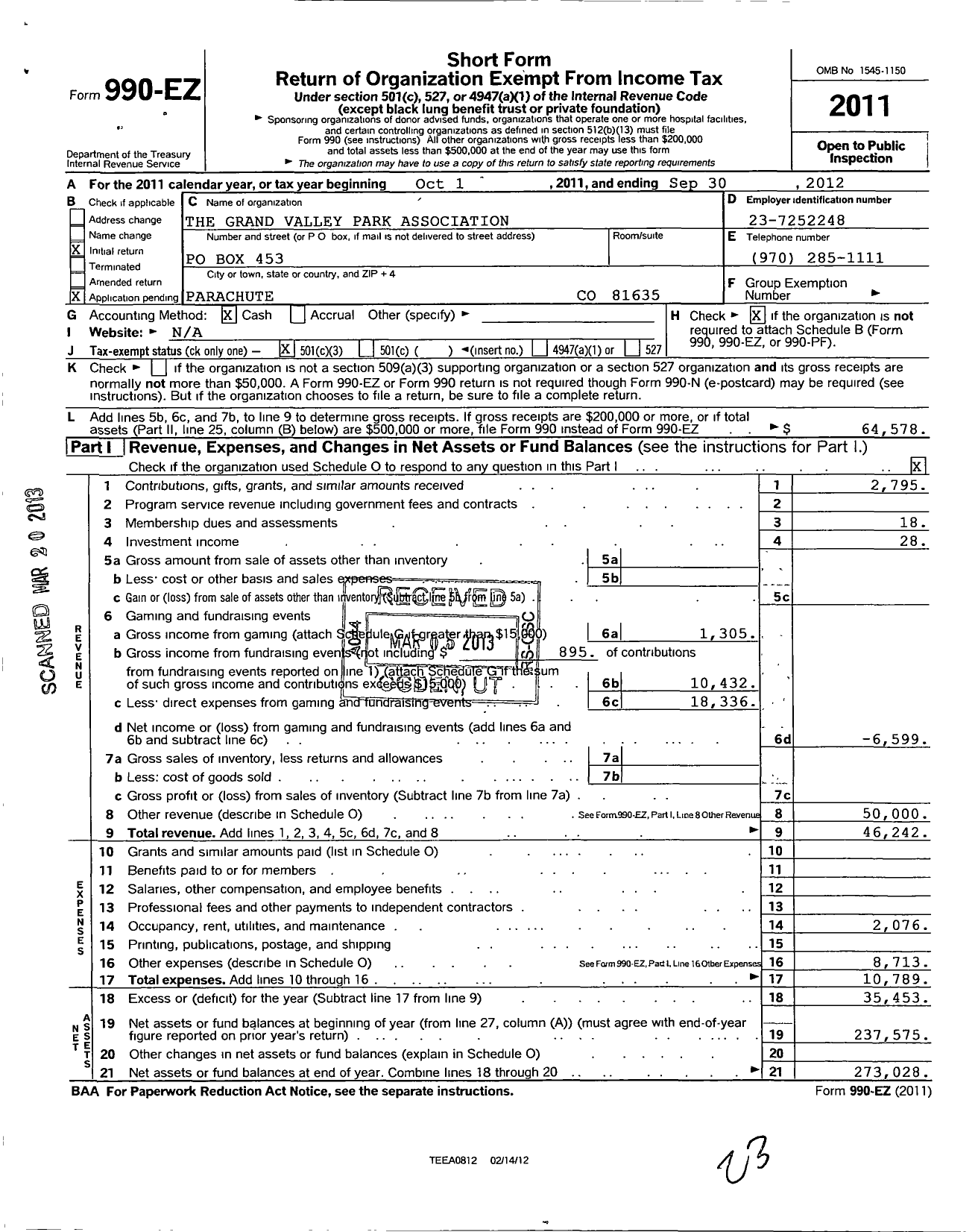 Image of first page of 2011 Form 990EZ for Grand Valley Park Association