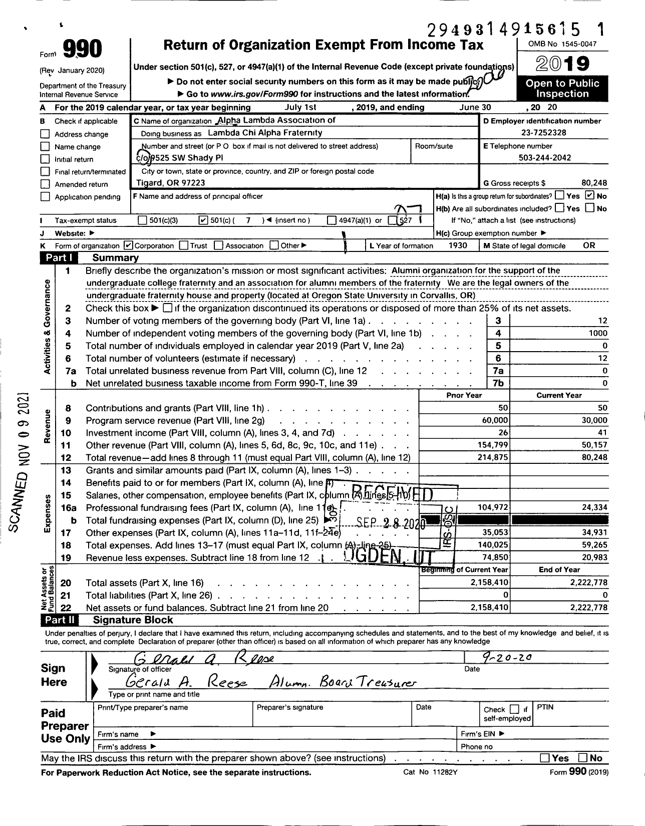 Image of first page of 2019 Form 990O for Lambda CHI Alpha FRATERNITY - Alpha Lambda Assoc