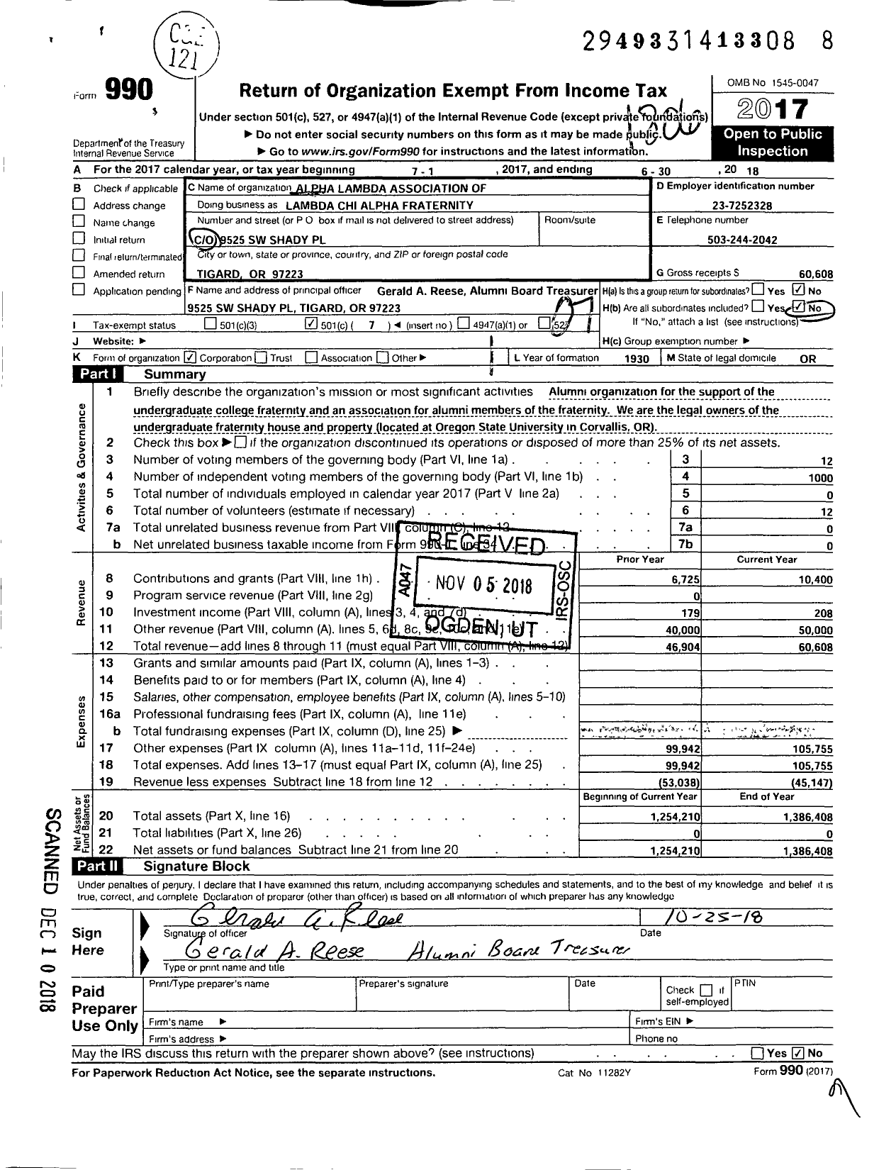 Image of first page of 2017 Form 990O for Lambda CHI Alpha FRATERNITY - Alpha Lambda Assoc