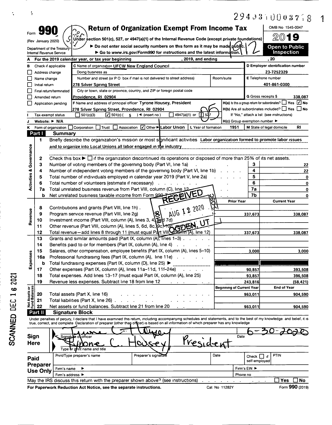 Image of first page of 2019 Form 990O for United Food & Commercial Workers Union - New England Council