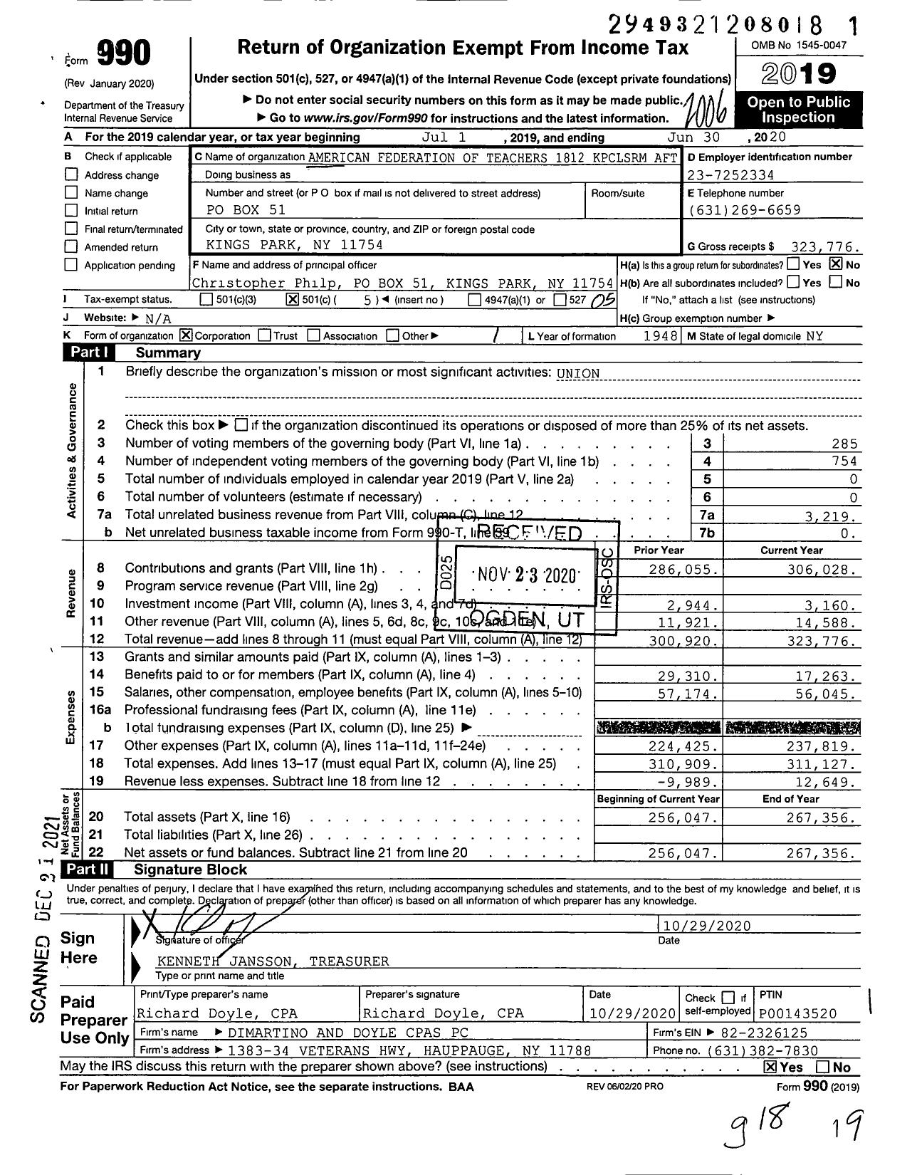 Image of first page of 2019 Form 990O for American Federation of Teachers - 1812 Kings Park Classroom Ta