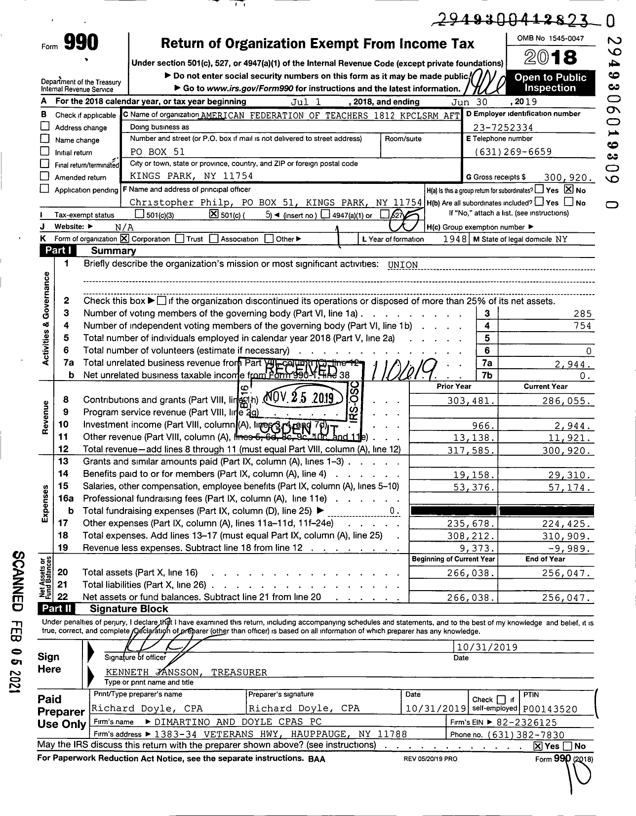 Image of first page of 2018 Form 990O for American Federation of Teachers - 1812 Kings Park Classroom Ta