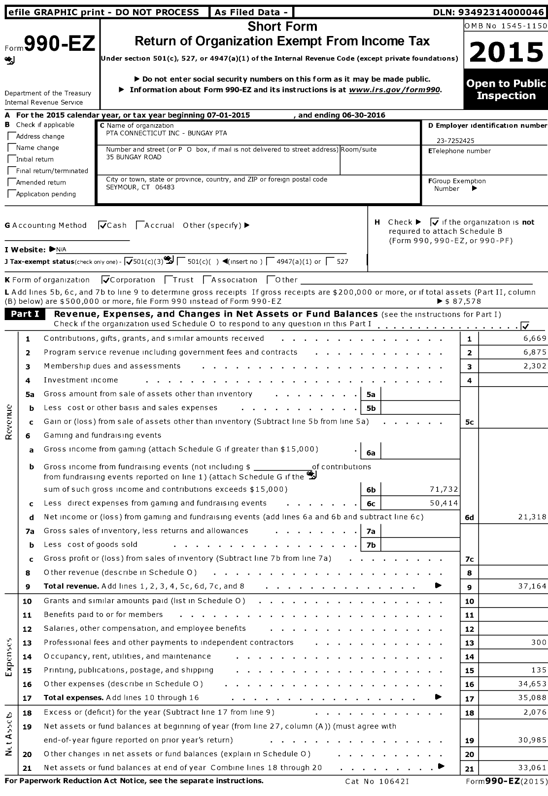 Image of first page of 2015 Form 990EZ for CT PTA - Bungay PTA