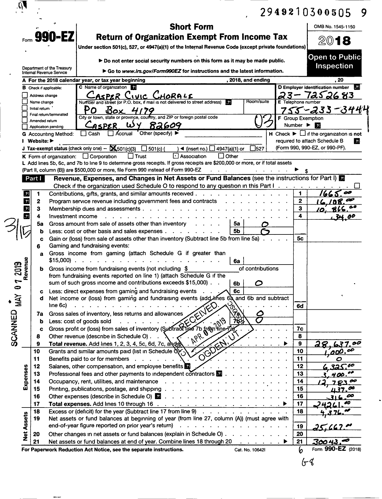 Image of first page of 2018 Form 990EZ for Casper Civic Chorale