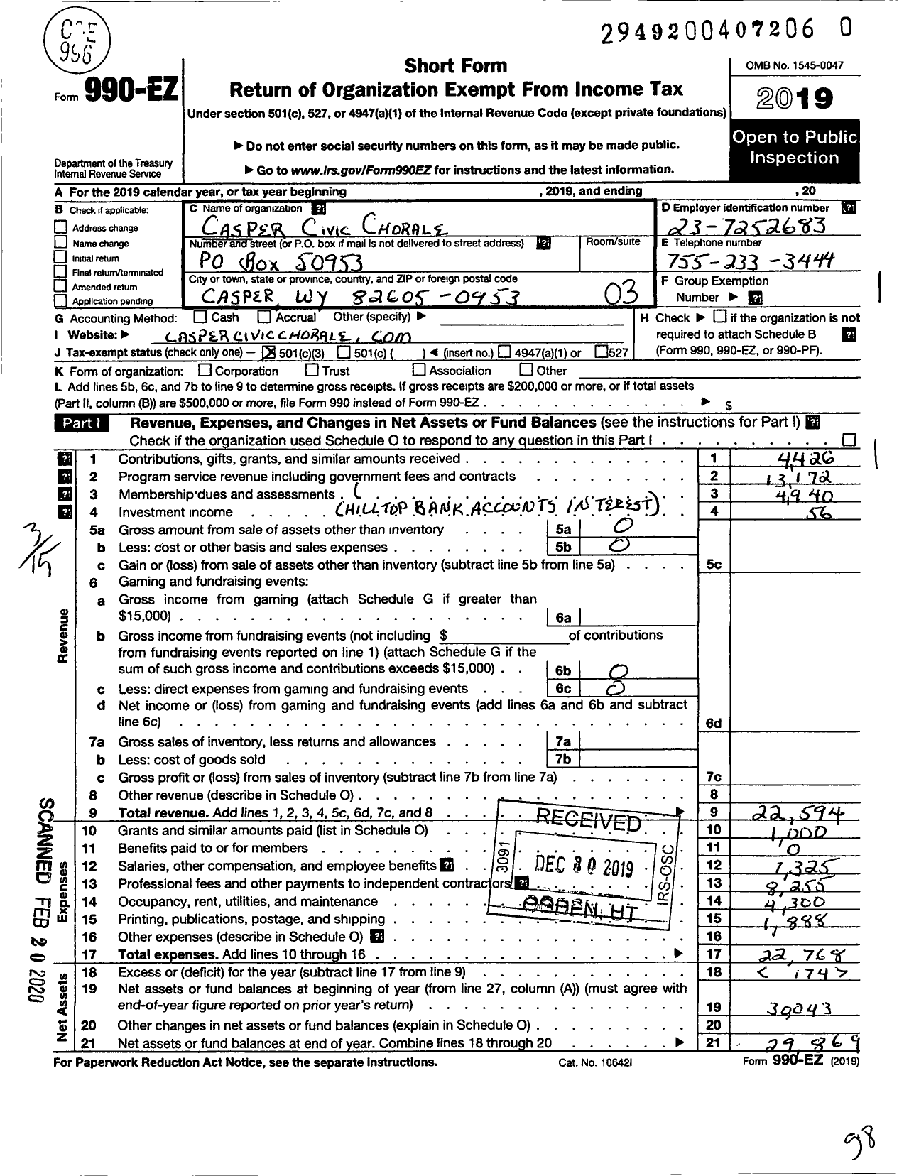 Image of first page of 2019 Form 990EZ for Casper Civic Chorale