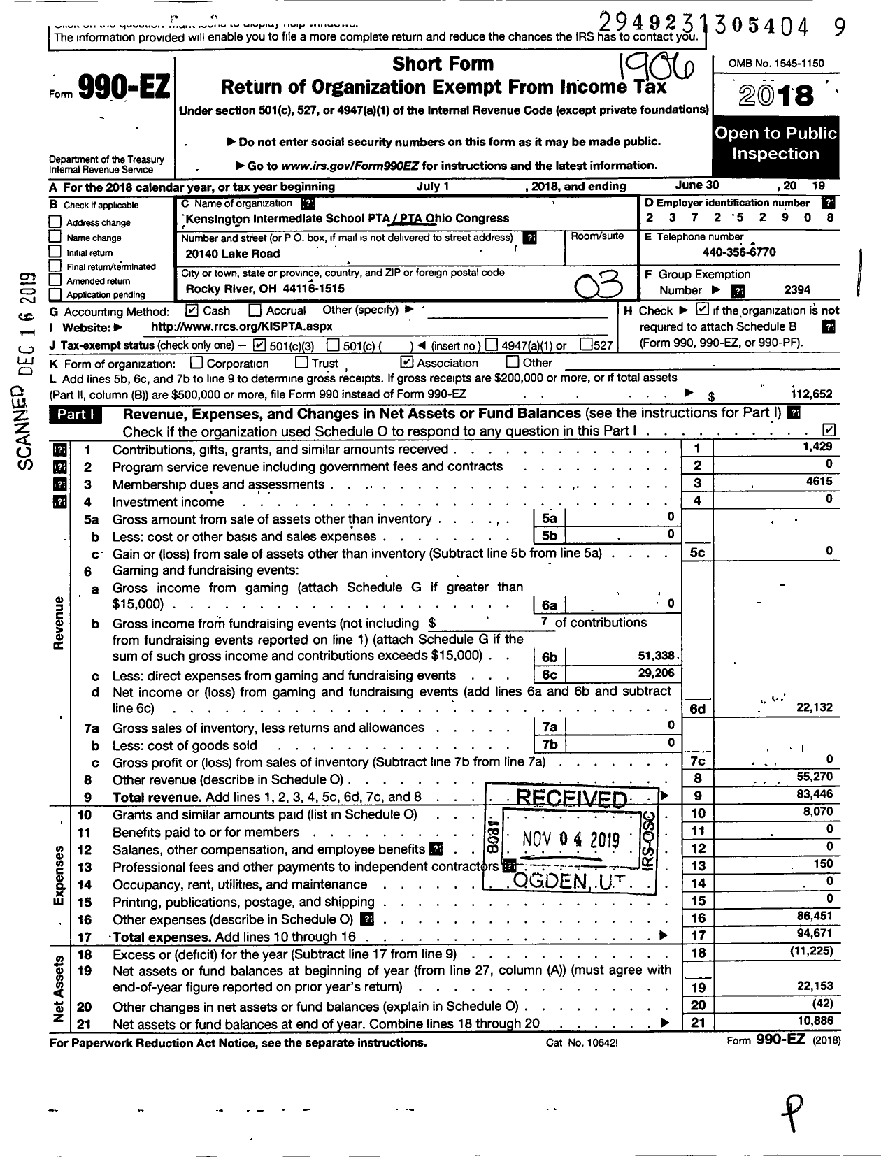 Image of first page of 2018 Form 990EZ for PTA OHIO CONGRESS / Kensington Inter PTA