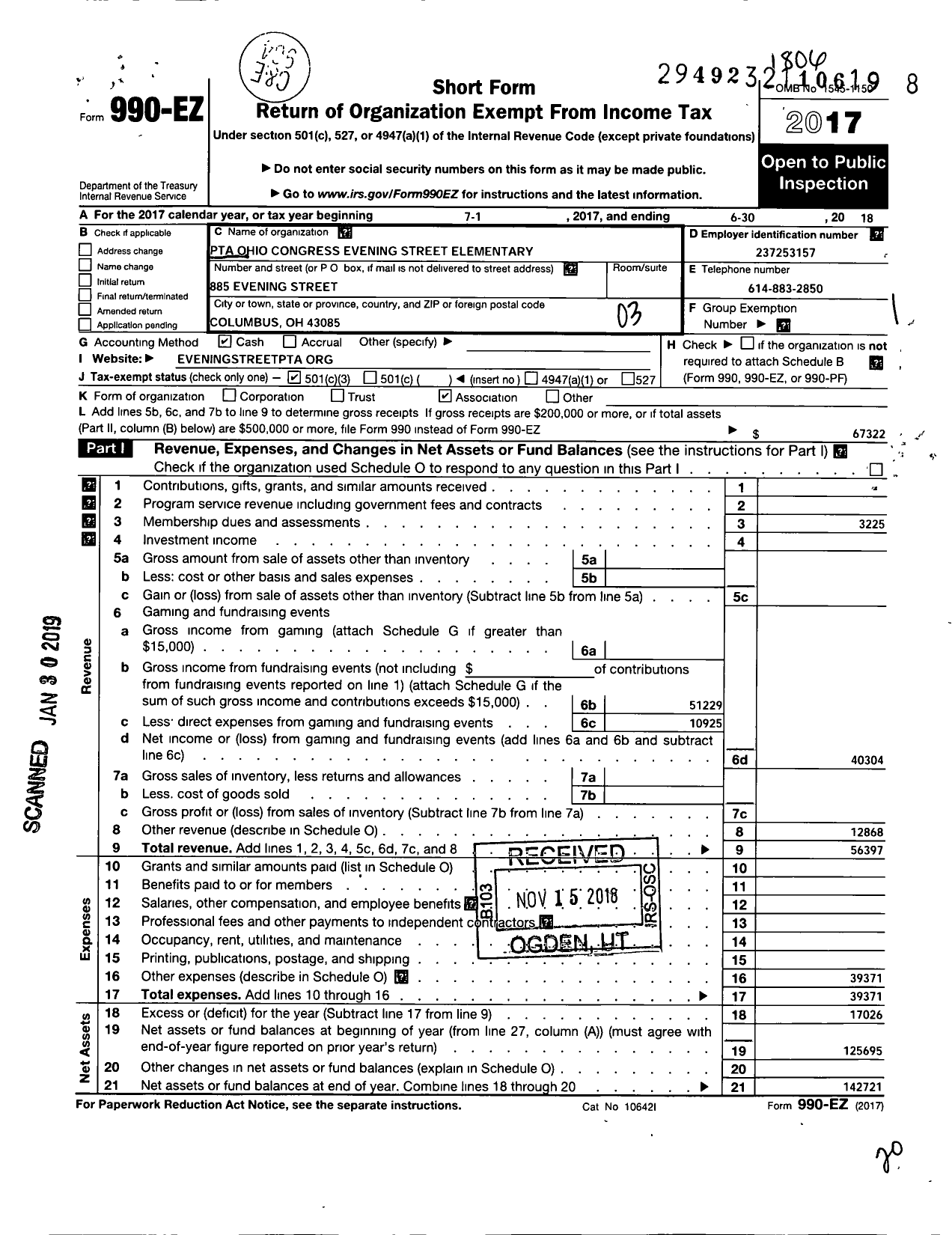 Image of first page of 2017 Form 990EZ for PTA Ohio Congress / Evening St El