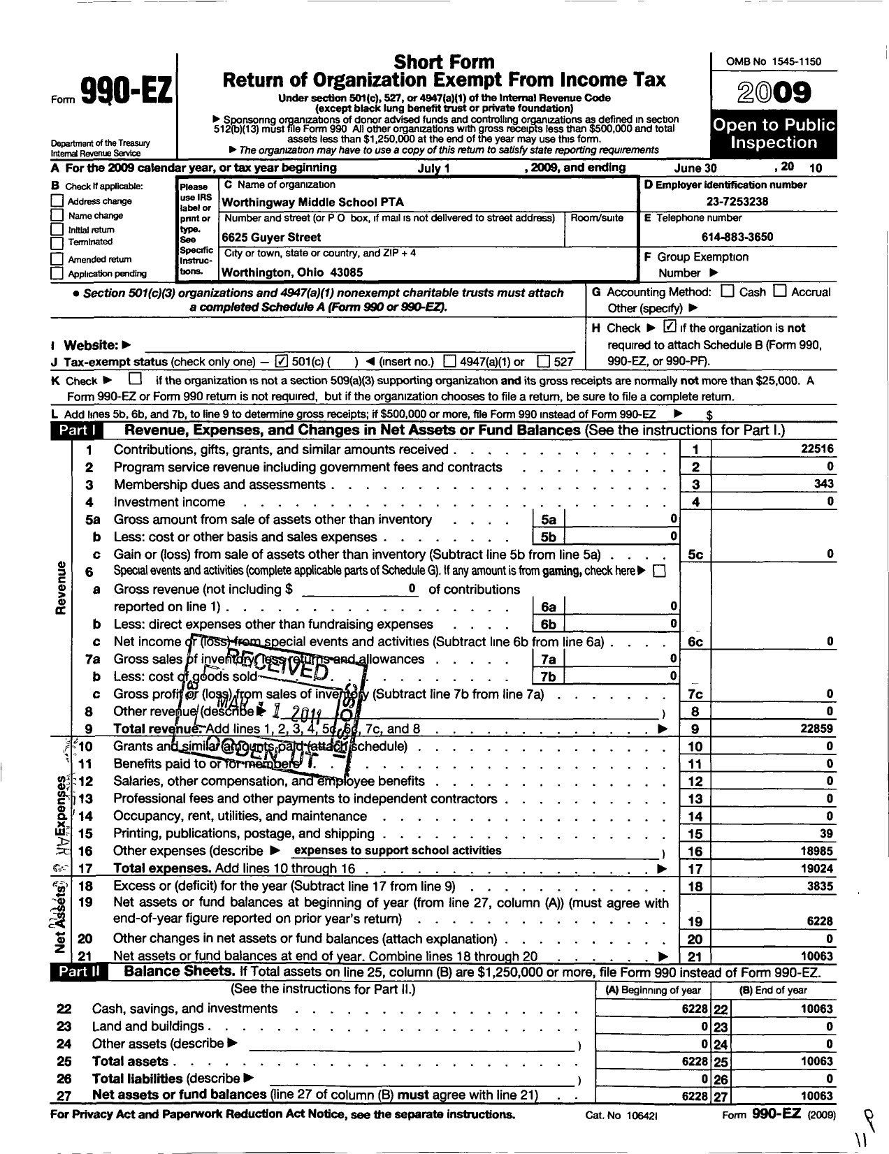 Image of first page of 2009 Form 990EO for PTA Ohio Congress / Worthingway Middle