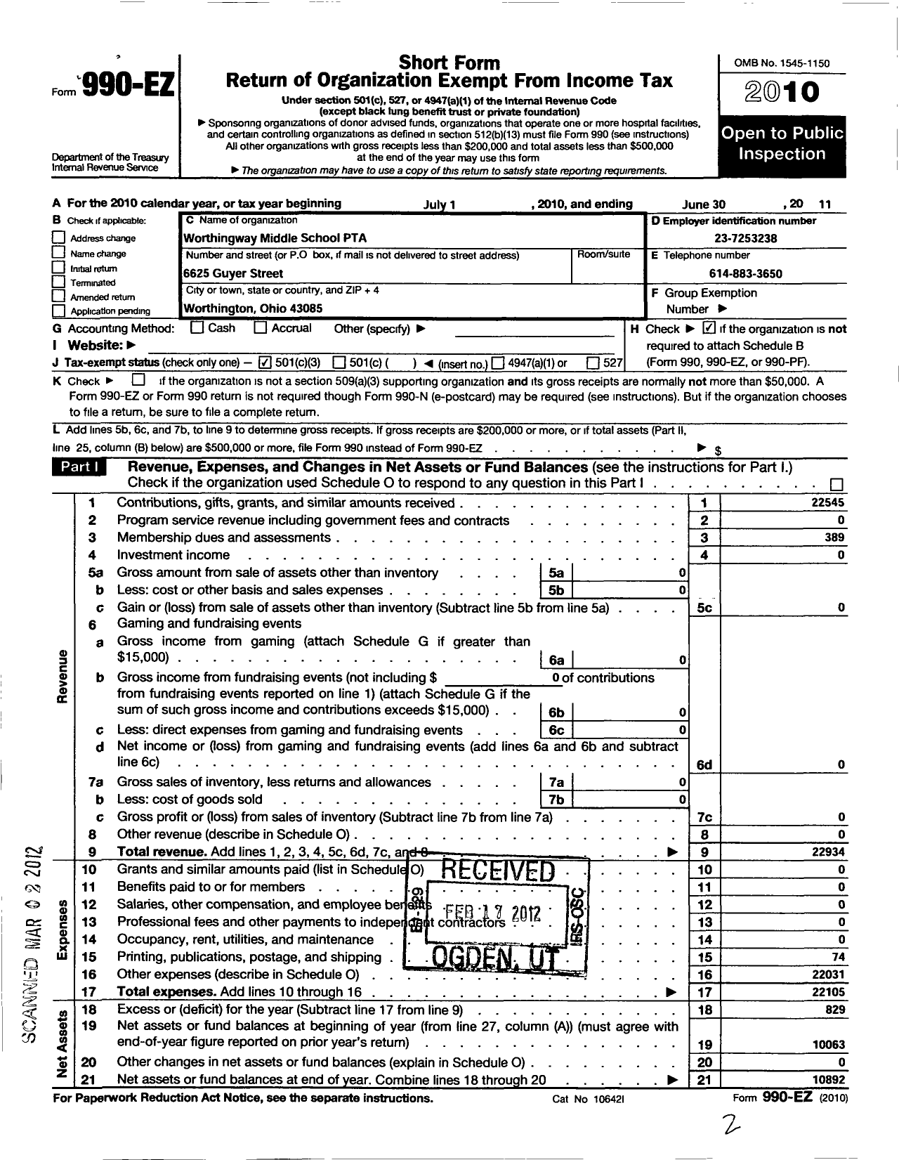 Image of first page of 2010 Form 990EZ for PTA Ohio Congress / Worthingway Middle