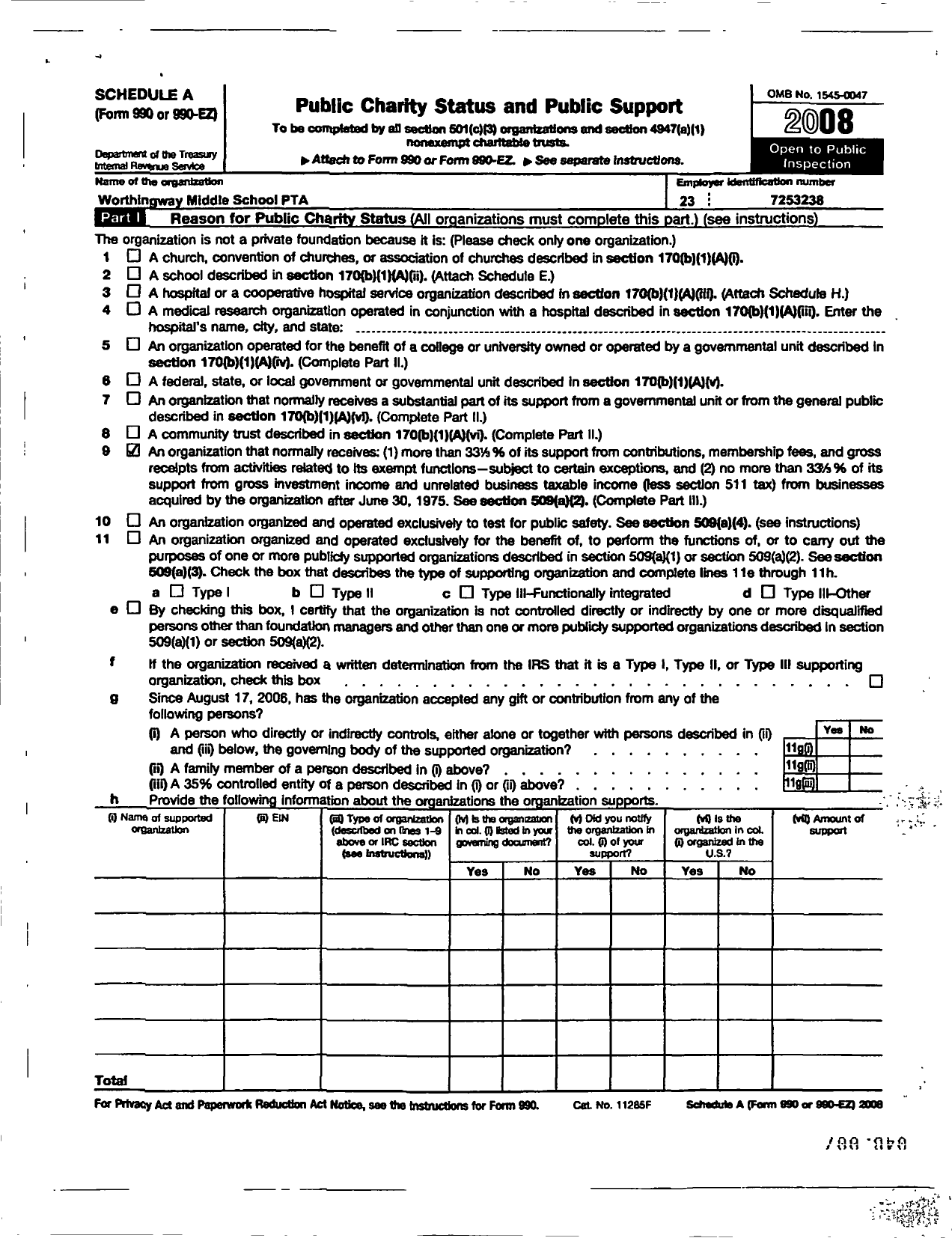 Image of first page of 2008 Form 990ER for PTA Ohio Congress / Worthingway Middle