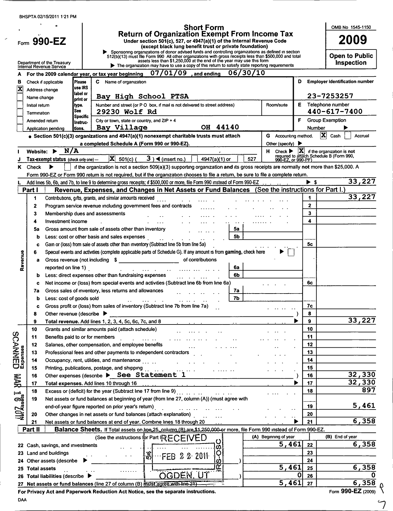 Image of first page of 2009 Form 990EZ for PTA Ohio Congress / Bay Village High