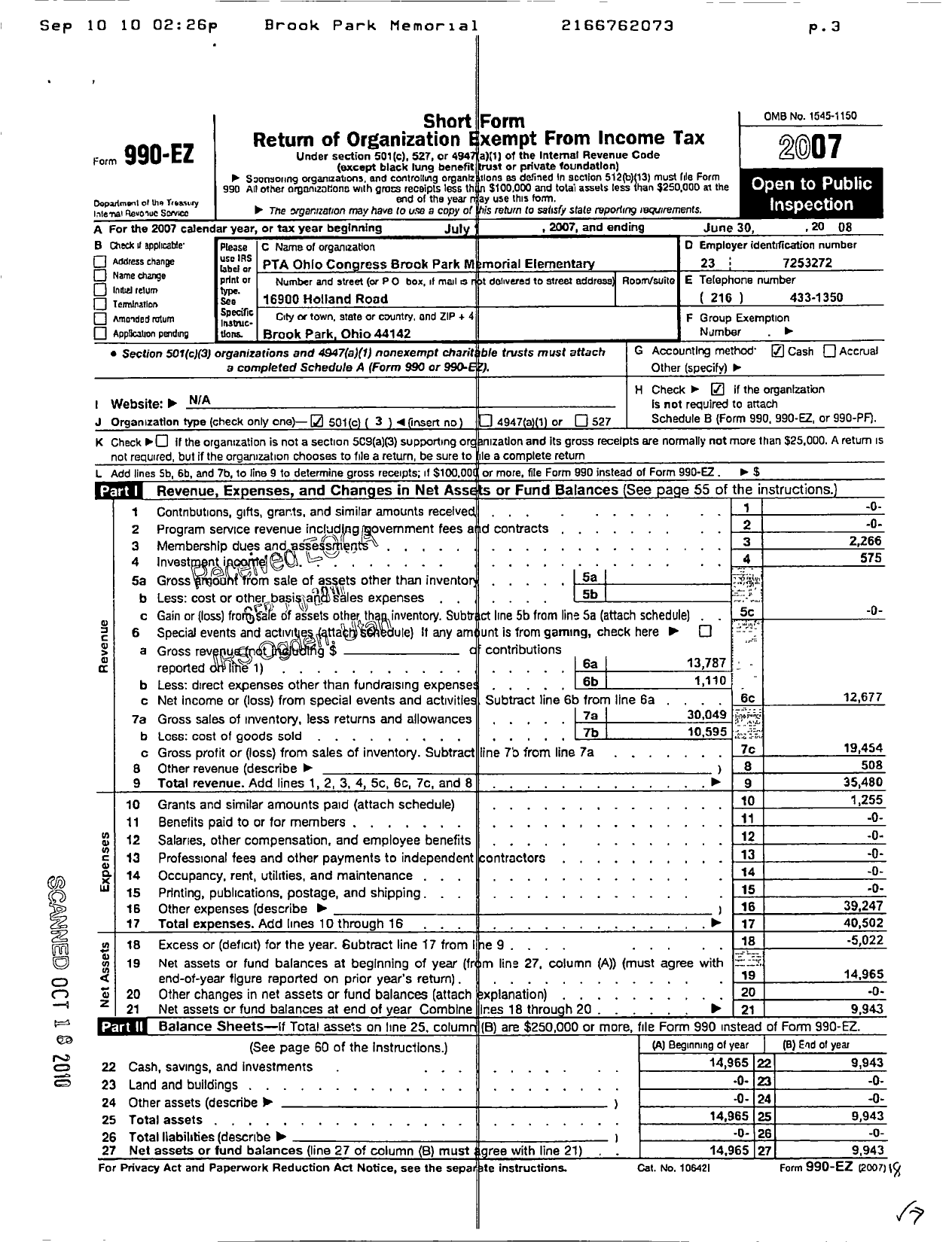 Image of first page of 2007 Form 990EZ for PTA Ohio Congress / Brook Park Elementary Ptsa