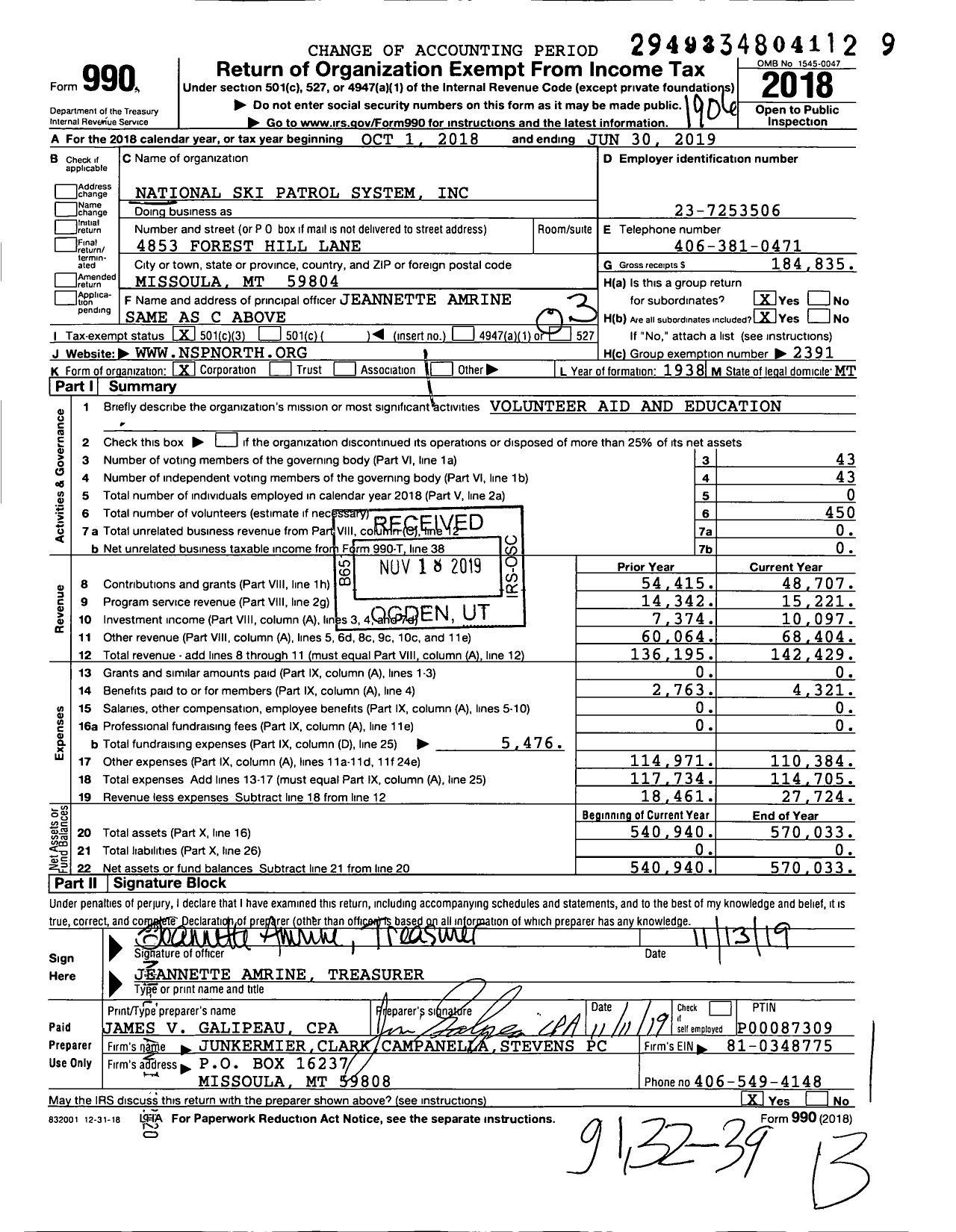 Image of first page of 2018 Form 990 for National Ski Patrol System / Northern Division