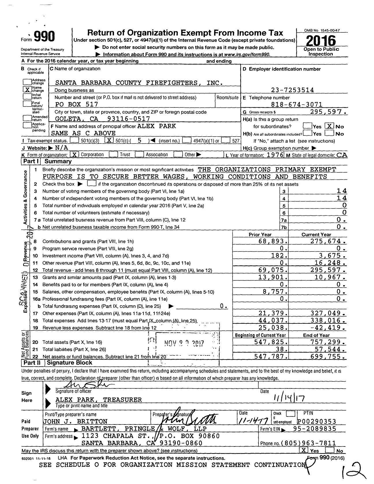 Image of first page of 2016 Form 990O for International Association of Fire Fighters - Firefighters L2046 Santa Barba