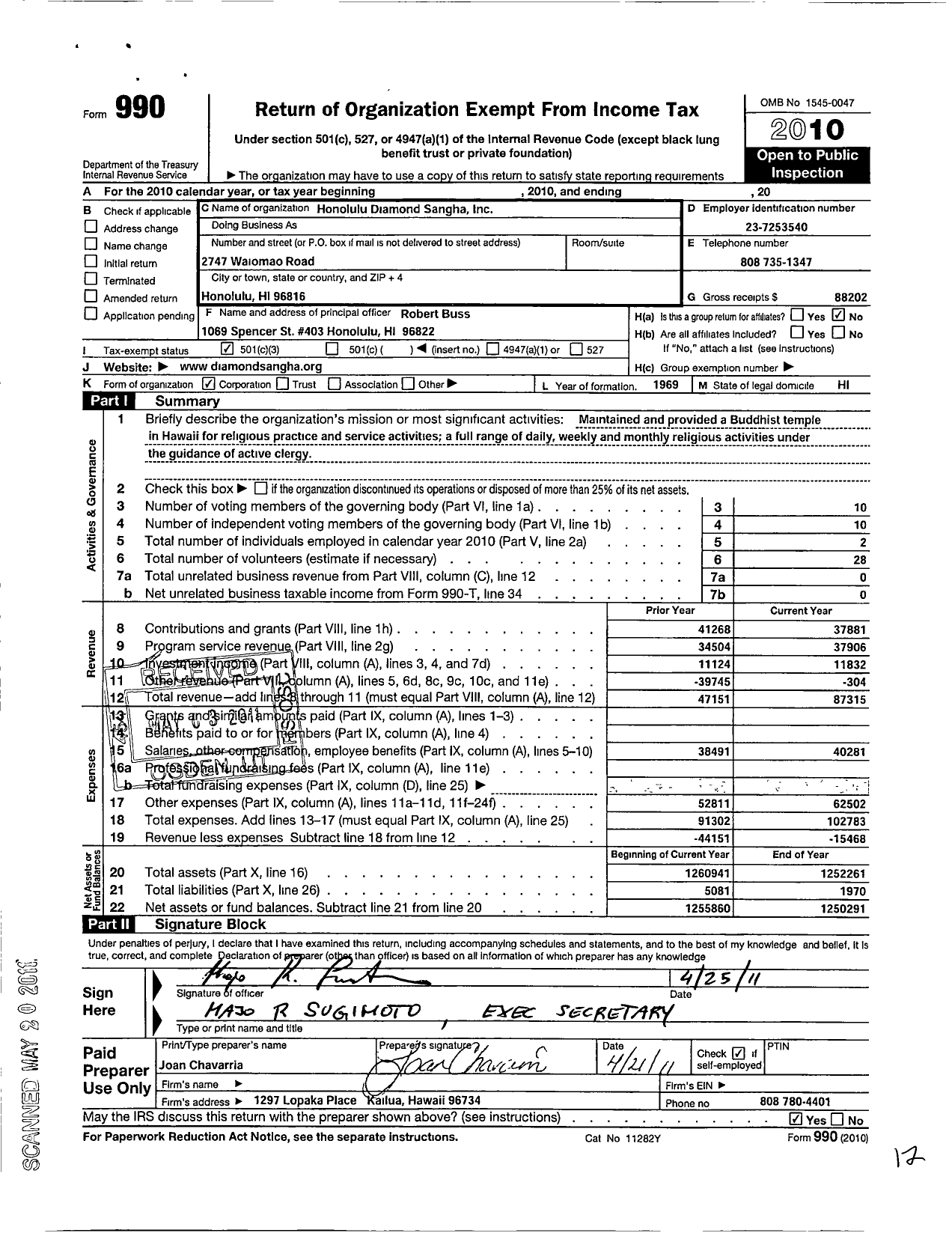 Image of first page of 2010 Form 990 for Honolulu Diamond Sangha