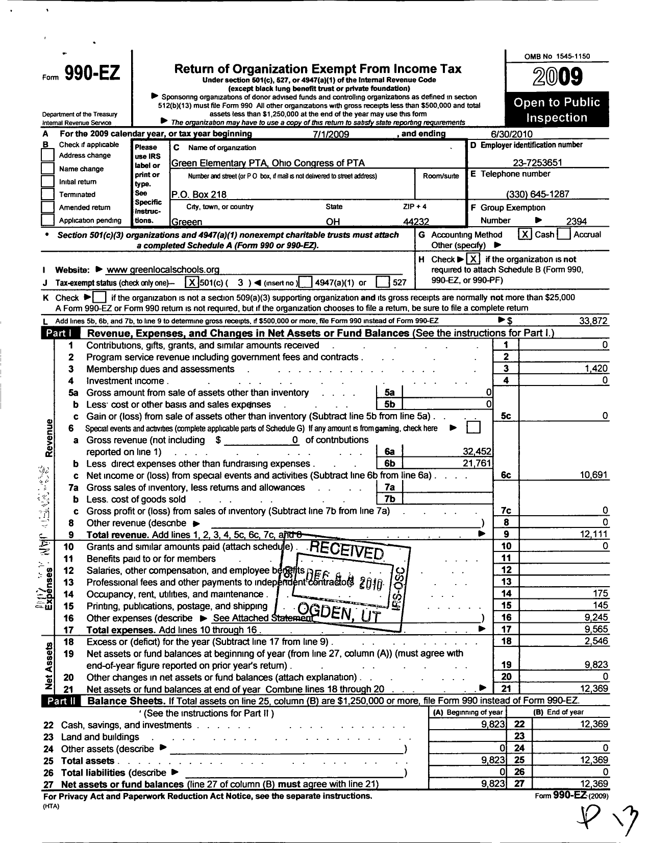 Image of first page of 2009 Form 990EZ for PTA Ohio Congress / Green Primary PTA