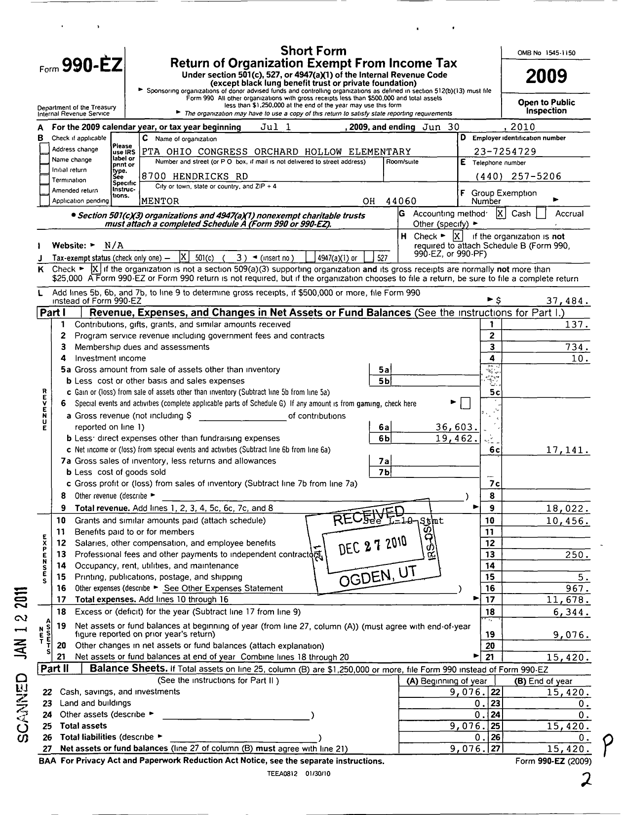 Image of first page of 2009 Form 990EZ for PTA Ohio Congress / Orchard Hollow El