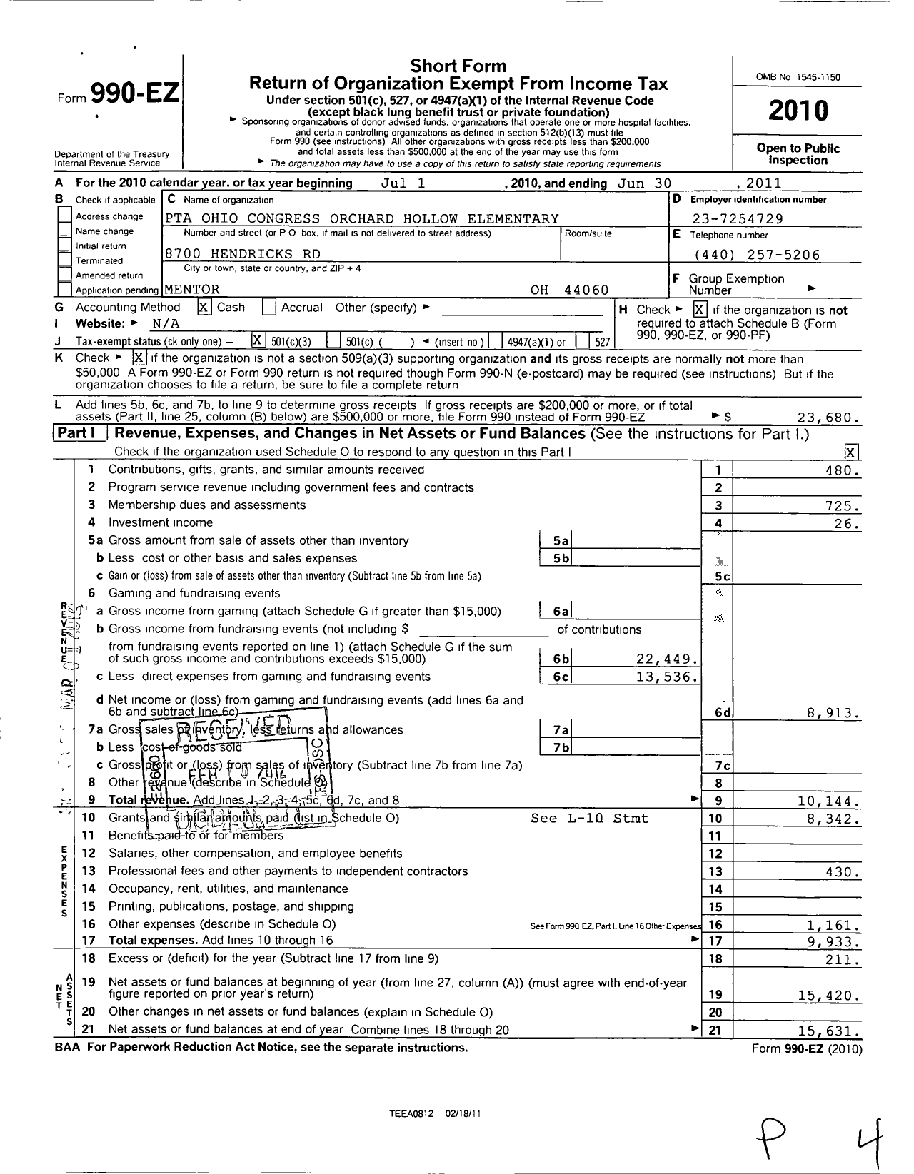 Image of first page of 2010 Form 990EZ for PTA Ohio Congress / Orchard Hollow El